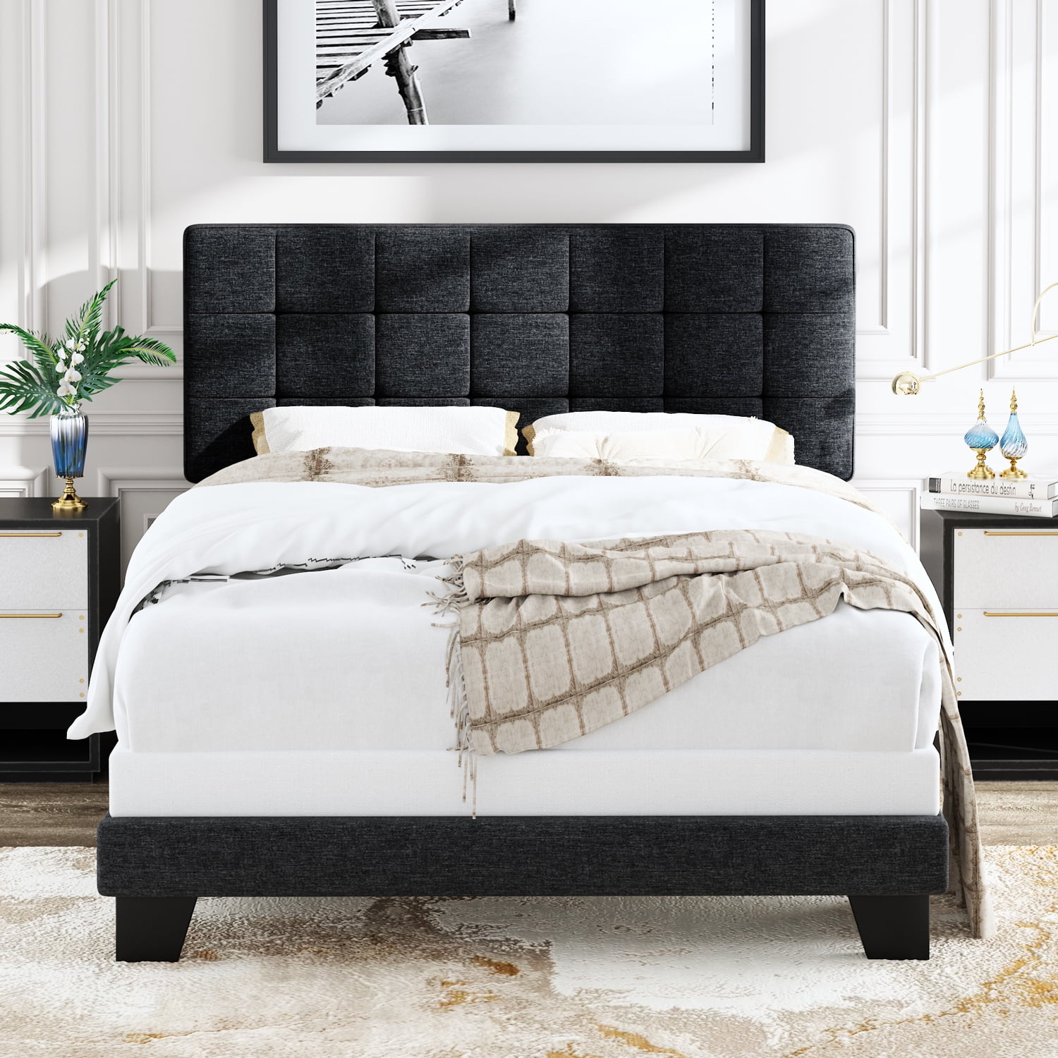 Allewie Queen Size Panel Platform Bed Frame with Adjustable High Upholstered Headboard, Grey - Image 5