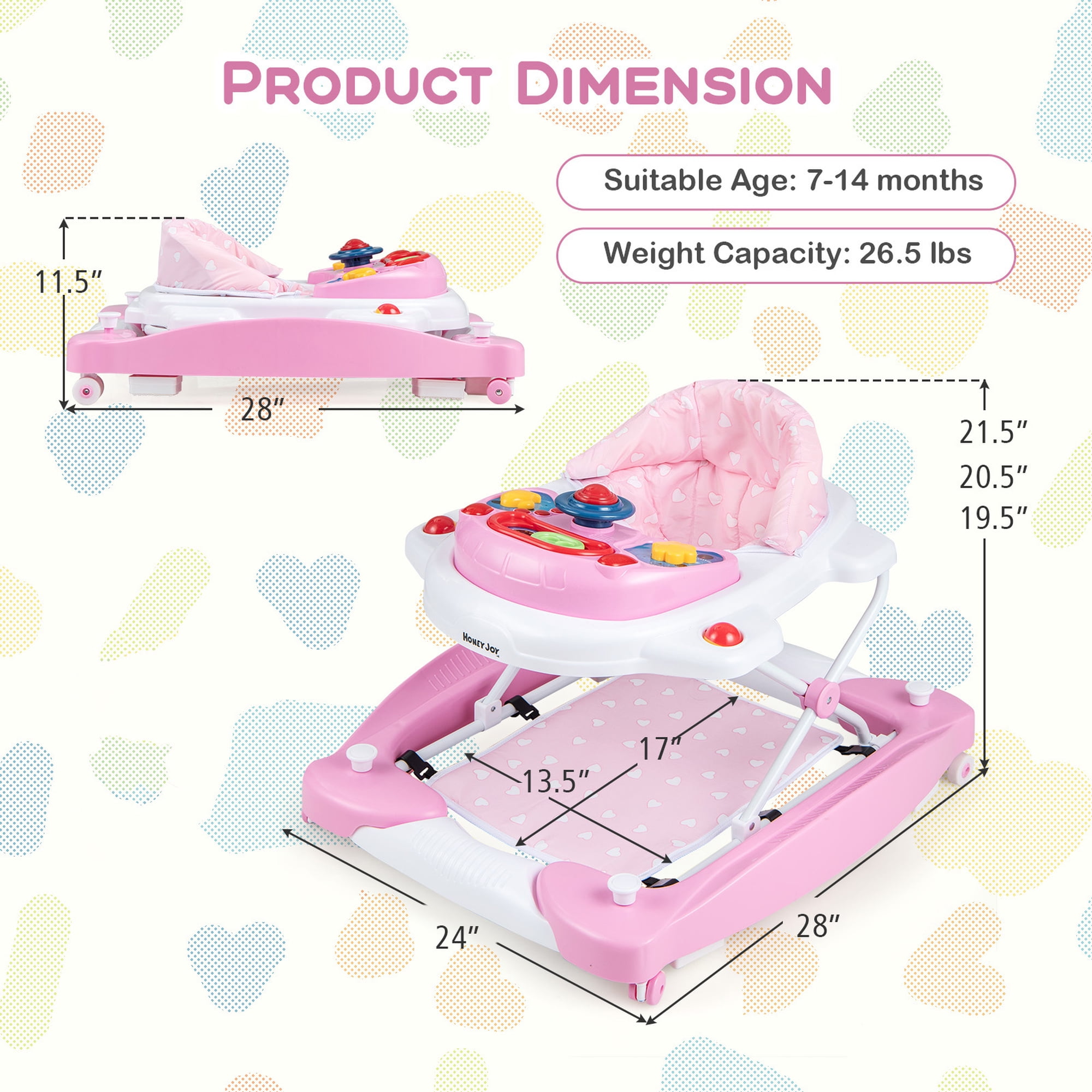 Costway 6 in 1 Baby Walker Adjustable Walker & Activity Center with Music 6-14 Months Pink - Image 5