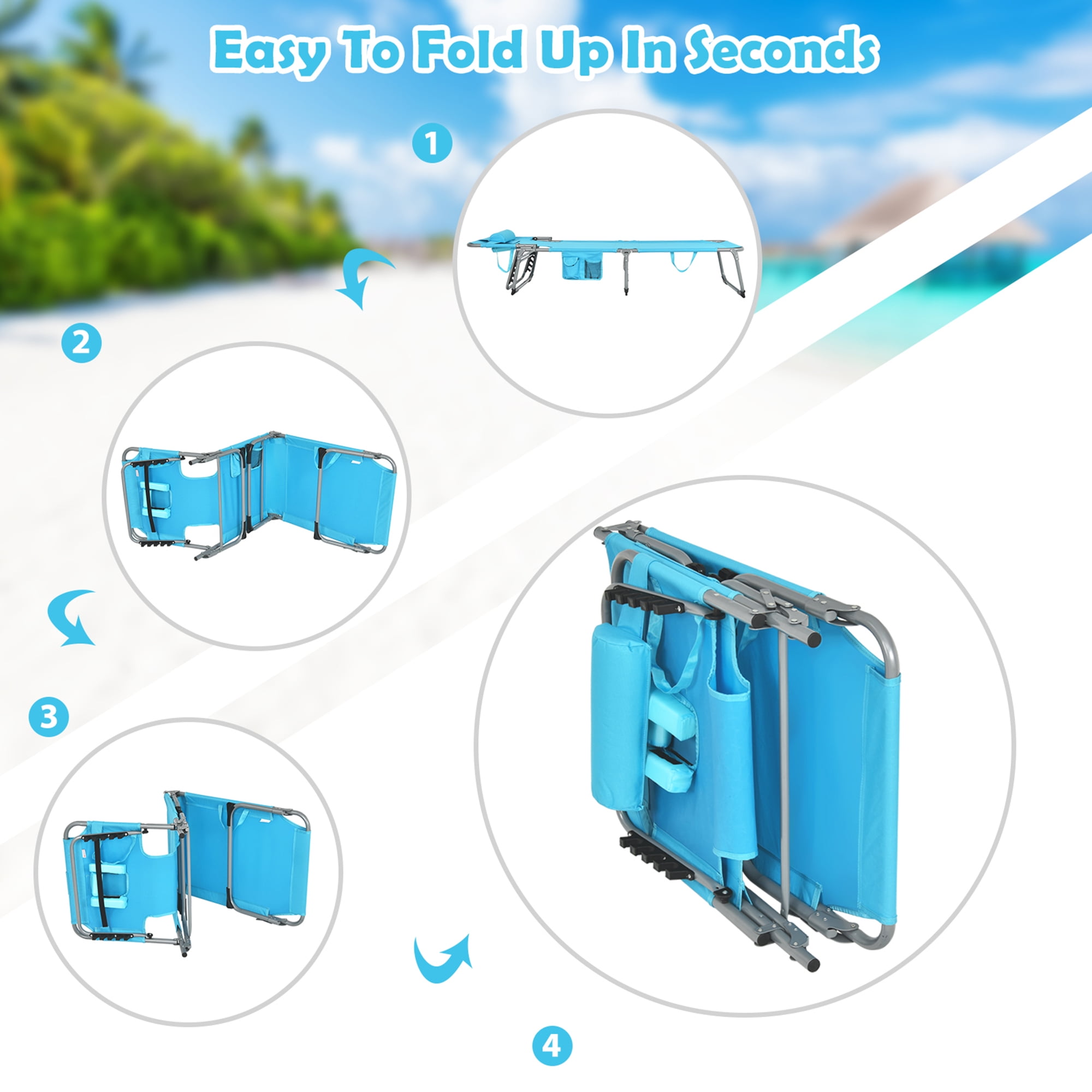 Gymax Portable Beach Chaise Lounge Chair Folding Reclining Chair w/ Facing Hole Turquoise - Image 5