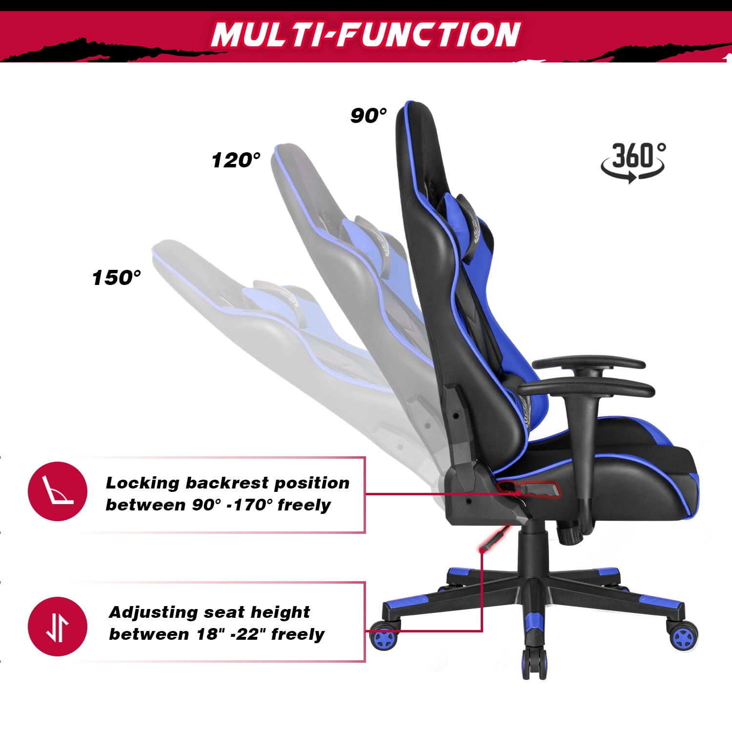 Lacoo Gaming Chair High Back Adjustable Height Racing Style Computer Chair with Headrest and Lumbar Support, Blue - Image 7