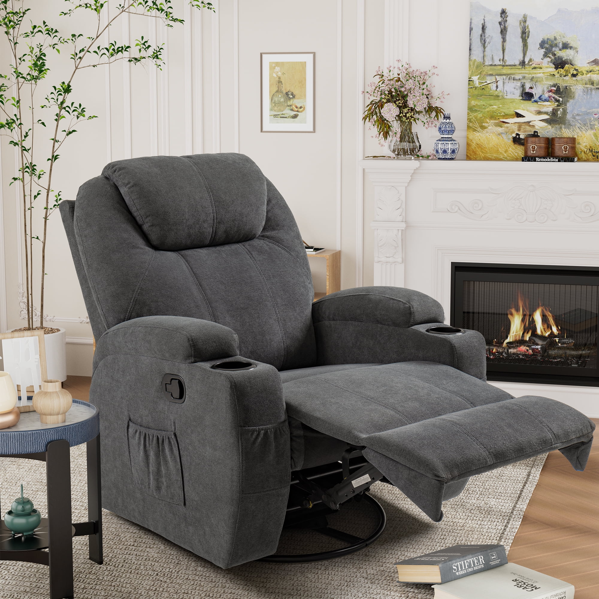 Vineego Recliner,Modern Fabric Rocking Chair with Massage,360 Degree Swivel Single Sofa Seat with Drink Holder - Image 8
