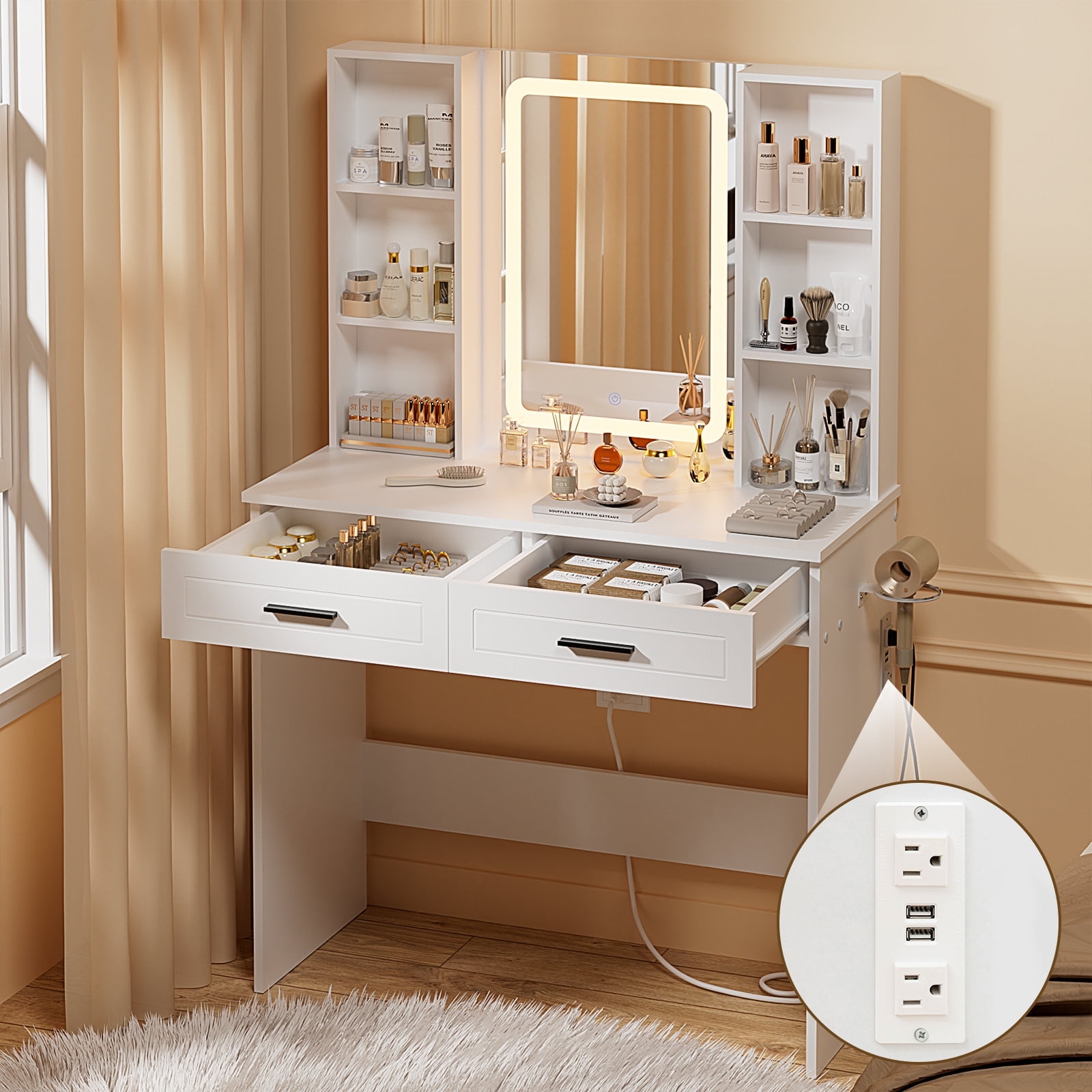 Hommpa Vanity Set with Mirror, Girls Makeup Vanity with LED Lights, White Vanity Desk with Drawers, Vanity Table with Charging Station for Women Bedroom Storage - Image 8
