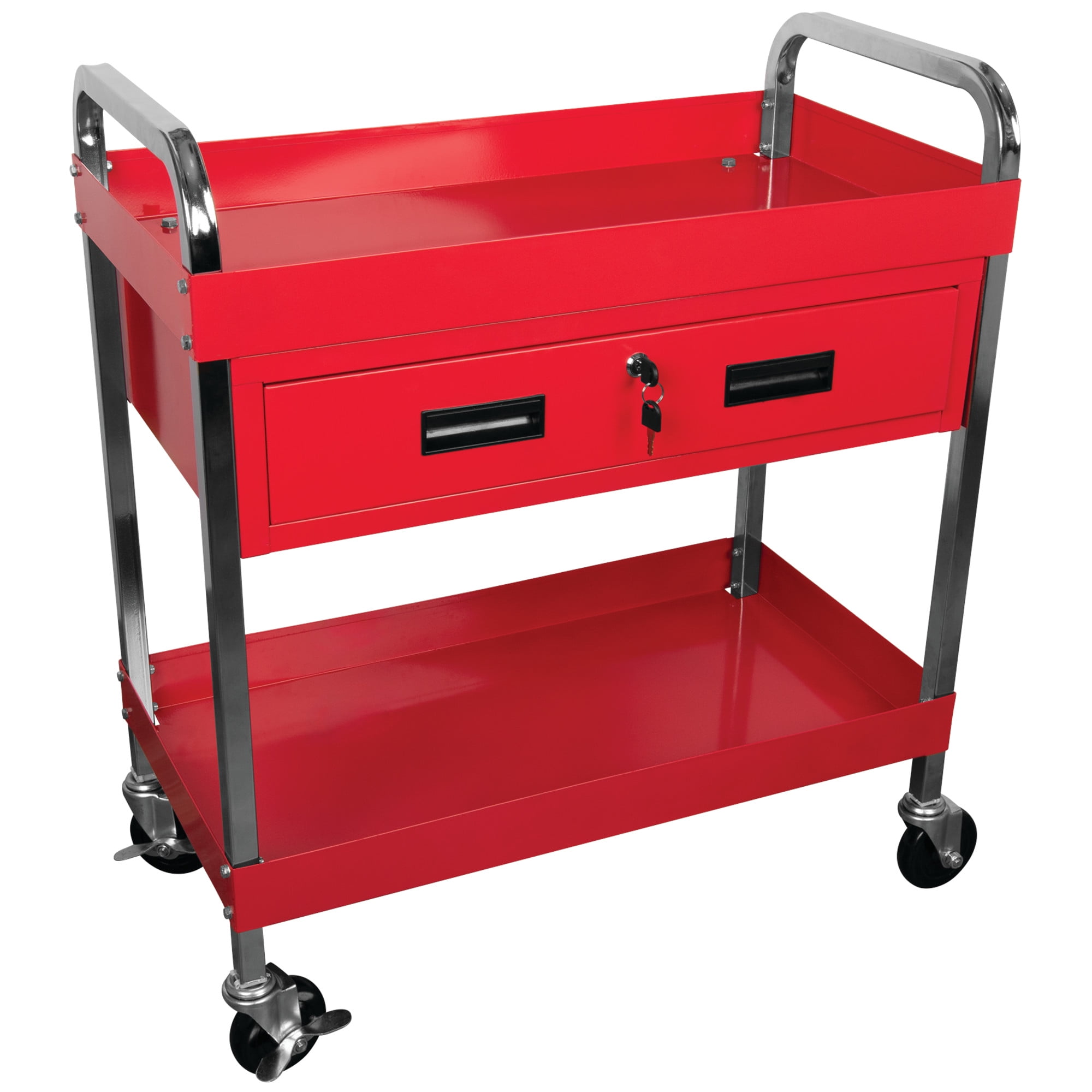 Performance Tool W54004 Two-Shelf Utility Cart with Locking Drawer, Swivel Casters, Red - Image 5