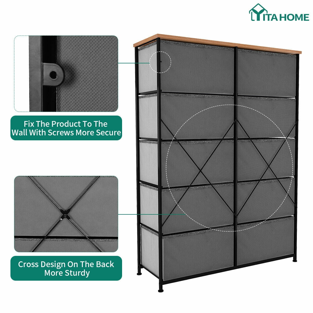 YITAHOME 10-Drawer Fabric Dresser with Wooden Top, Steel Frame, Dark Gray – Adult Storage Organizer - Image 11