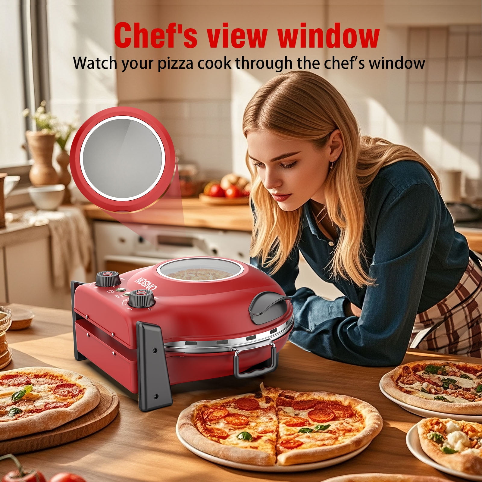 ONSON Pizza Maker with Ceramic Stone, Heats up to 800°F, 12 Inch Countertop Pizza Oven for Home, Red - Image 2