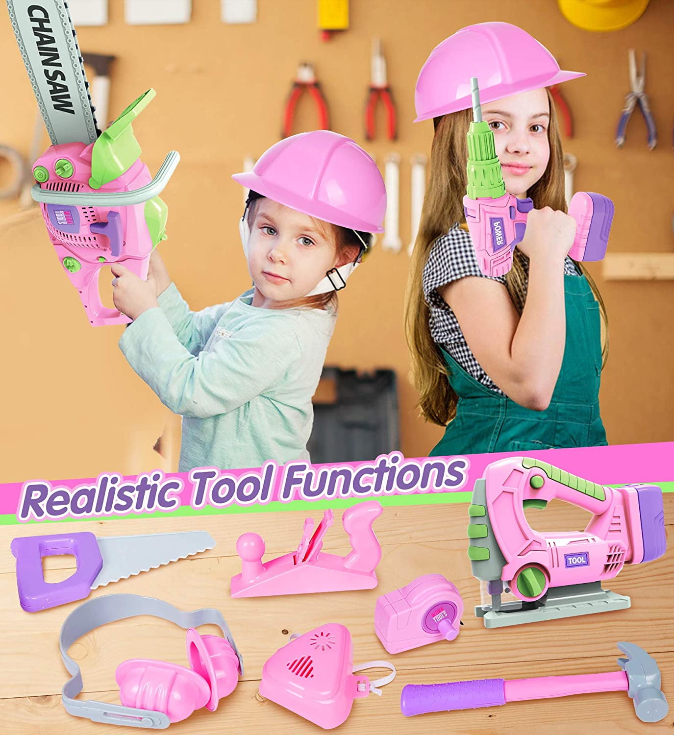 Exercise N Play Kids Tool Set with Electric Toy Drill Chainsaw Jigsaw Toy Tools for Kids Girl (Pink) - Image 2