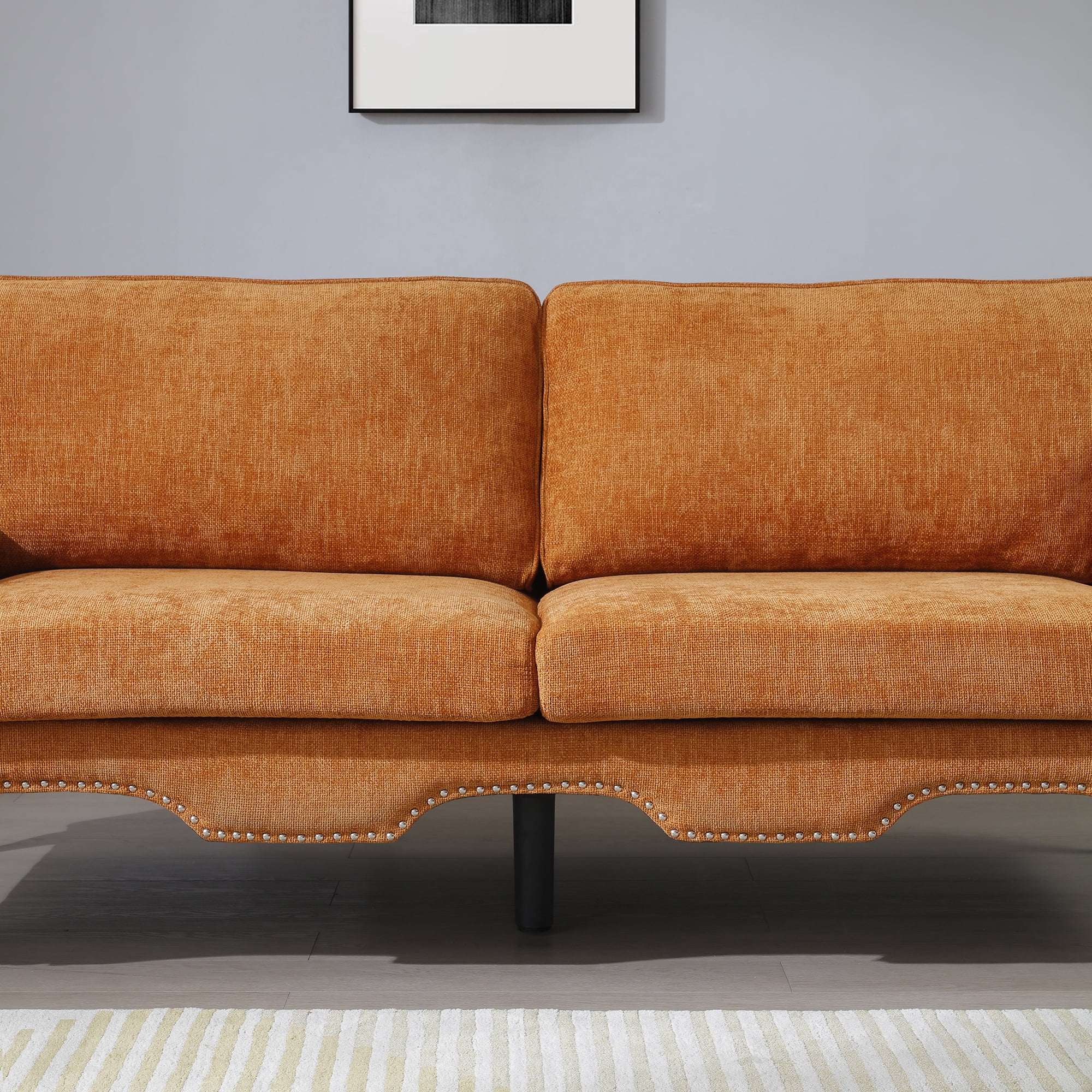 Aukfa 66" Small Sofa Deep Seat Couch with Crystal Button&Copper Nail, Roll Arm, Linen, Orange - Image 9