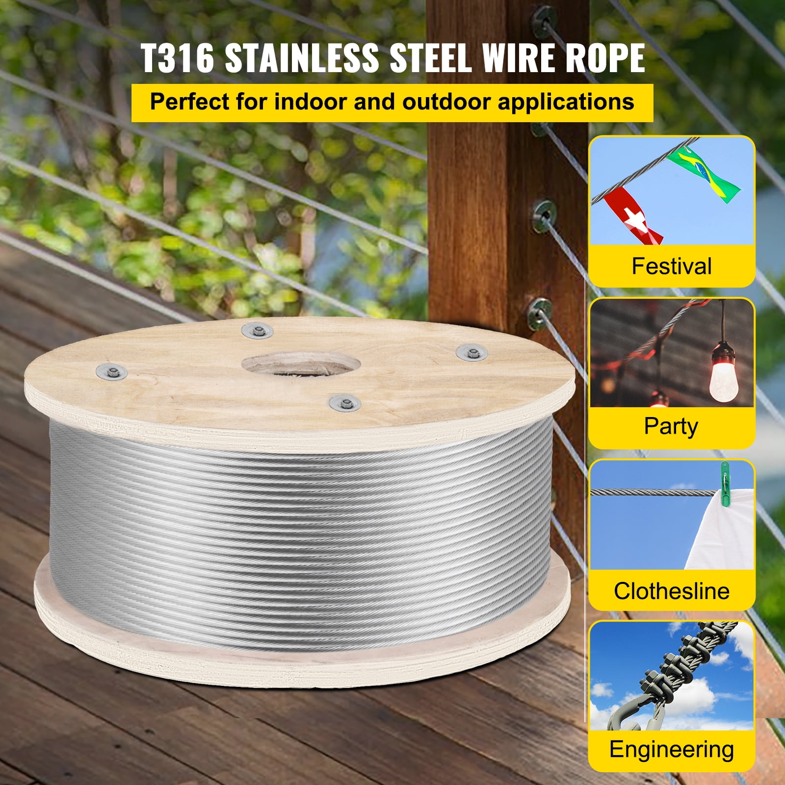 VEVOR 1/8" x 500ft Stainless Steel Cable Railing , 1x19 Wire Rope 316 Marine Grade, Braided Aircraft Cable for Deck, Rail, Balusters, Stair, Handrail, Porch, Fence - Image 2