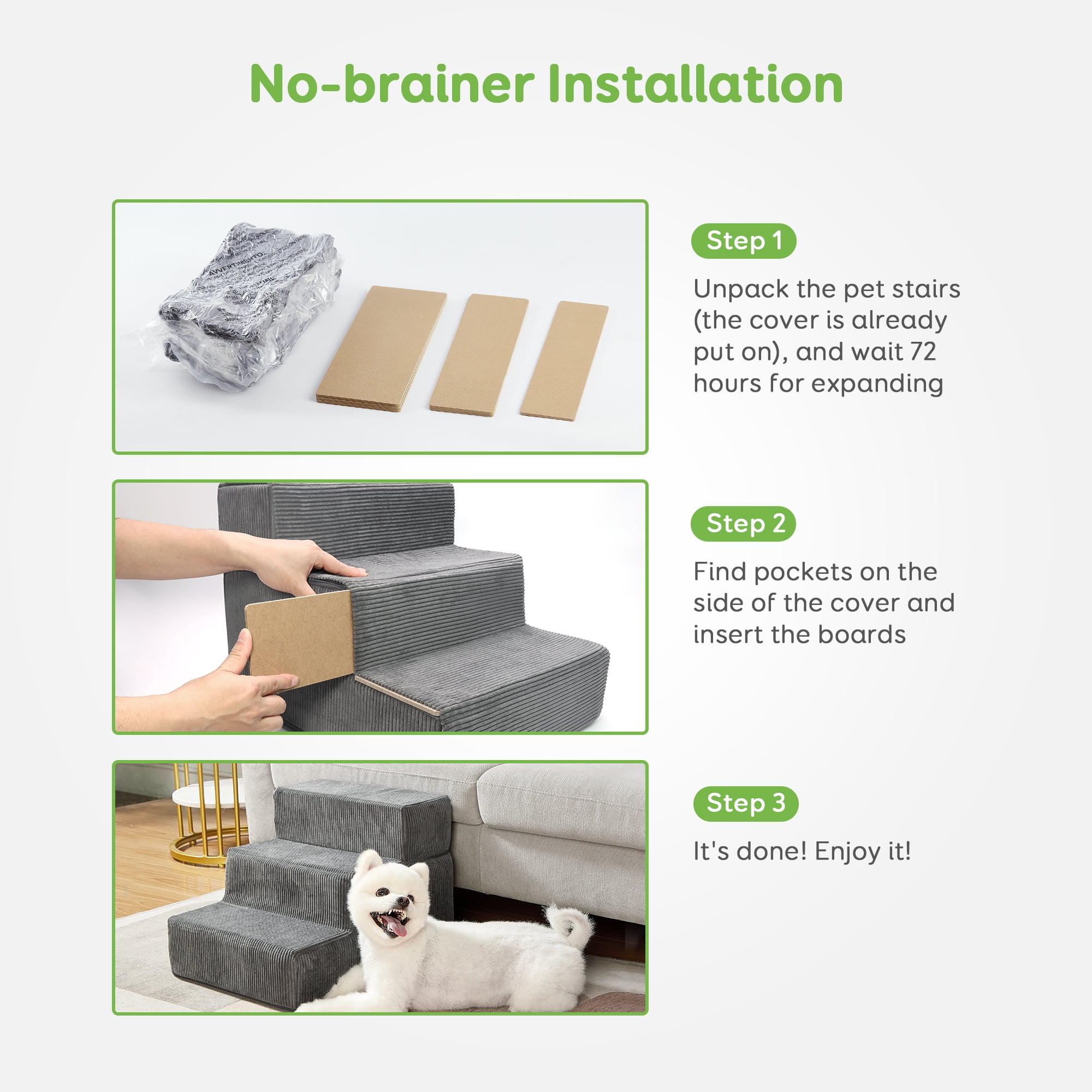 Dog Steps for Small Dog, 3-Step Dog Stairs for High Beds and Couch, Non-Slip Foldable Pet Stairs, Removable Washable Cover - Image 2