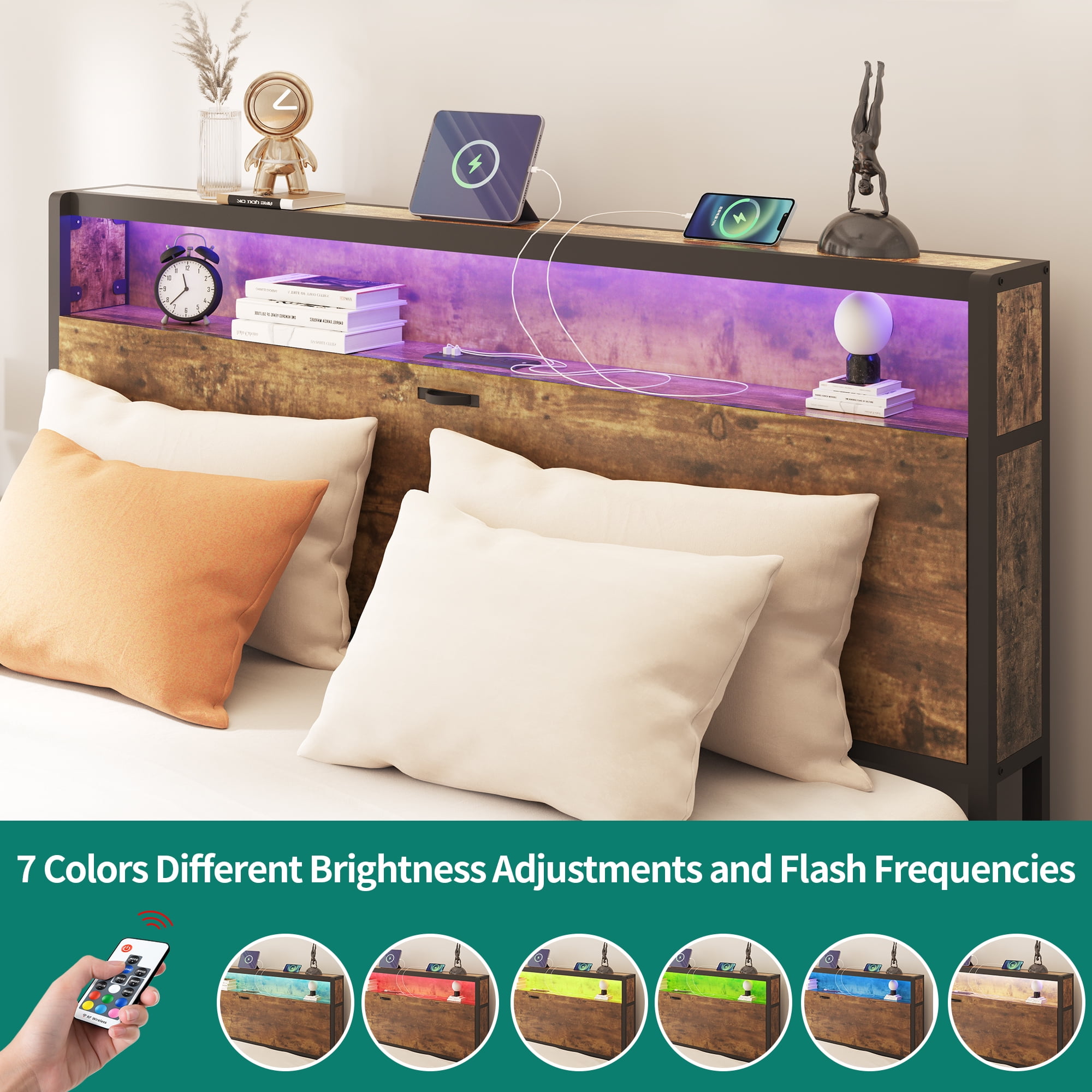 Dextrus Queen Size LED Wooden Bed Frame with 4 Drawers & Charging Station,No Box Spring Needed,Brown - Image 6