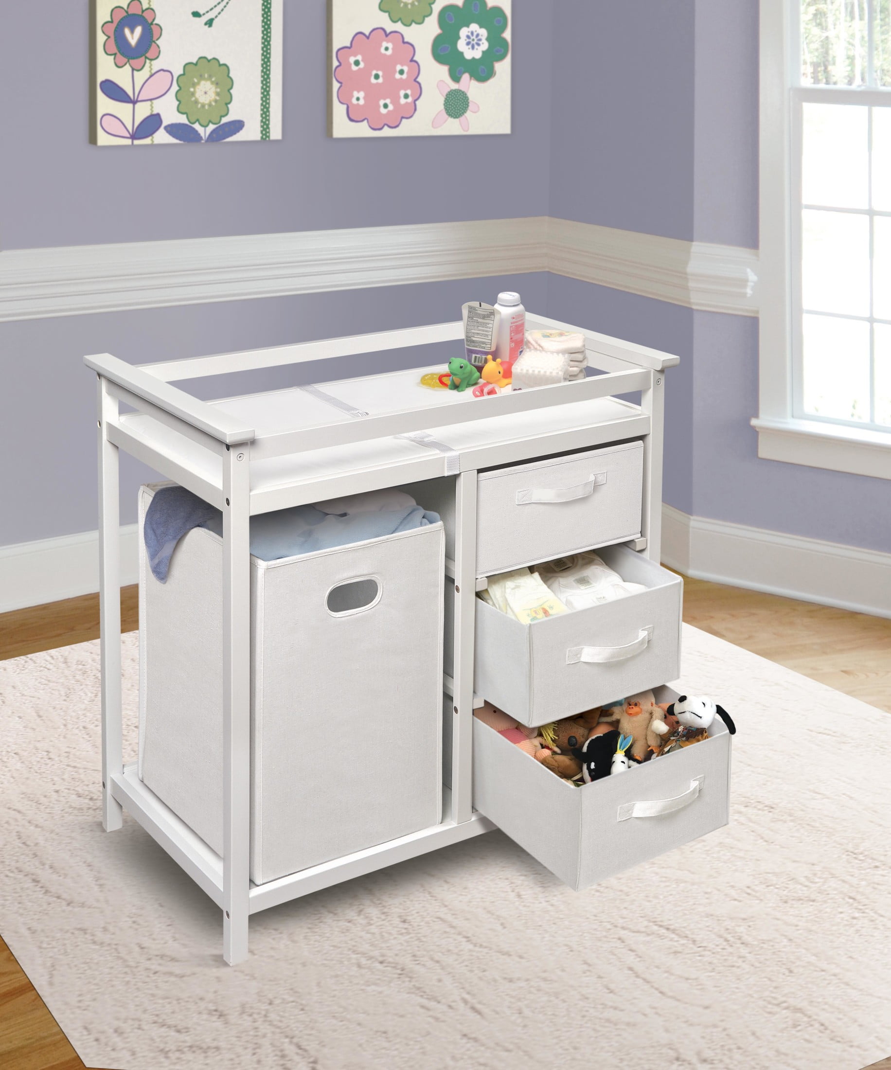 Badger Basket Modern Baby Changing Table with Hamper and 3 Baskets, White, Includes Pad - Image 3