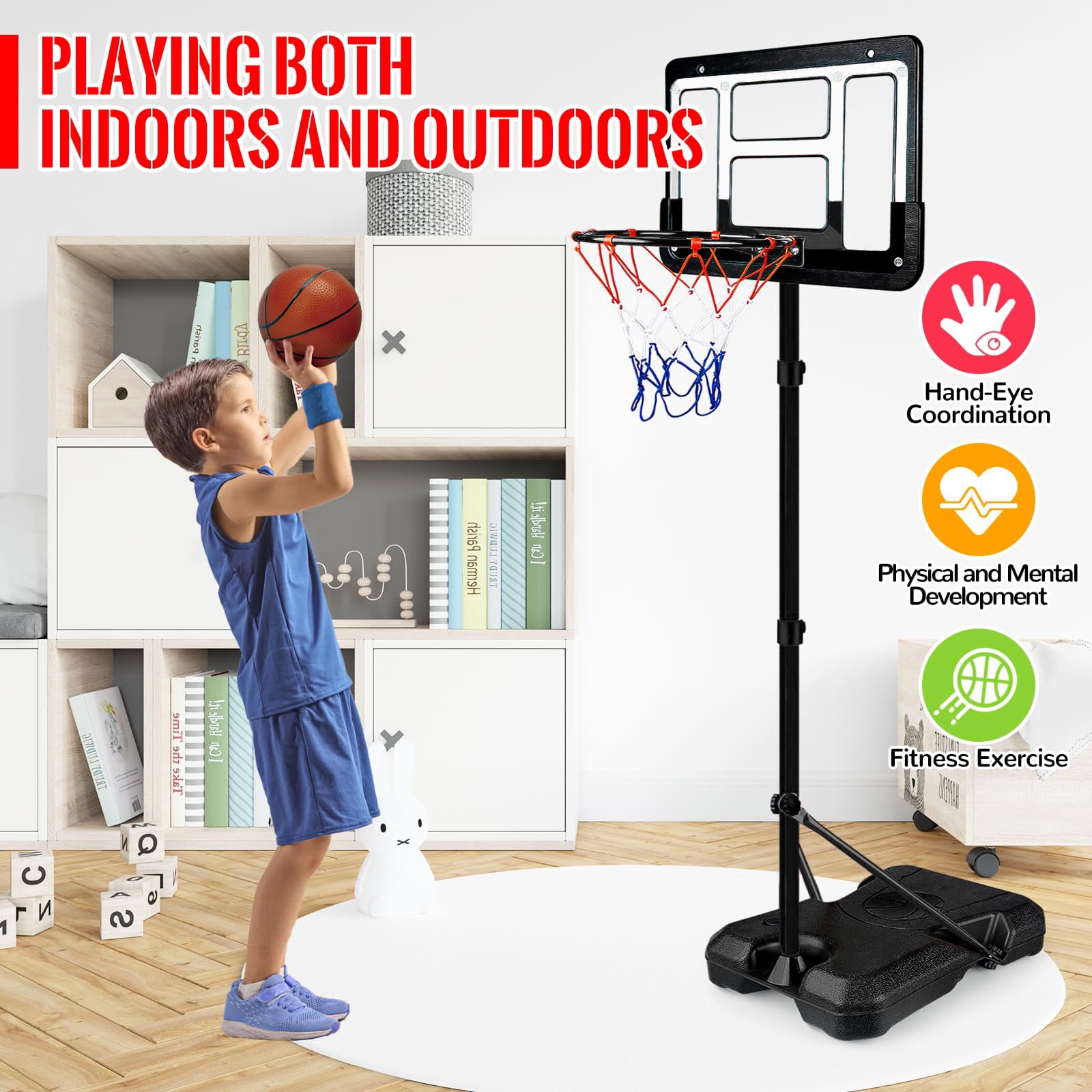 JBeeCtrl Kids Basketball Hoop for Kids with Stand Adjustable Height 3.5 ft-6.2 ft Indoor & Outdoor Portable Toddler Kids Basketball Goal - Image 7