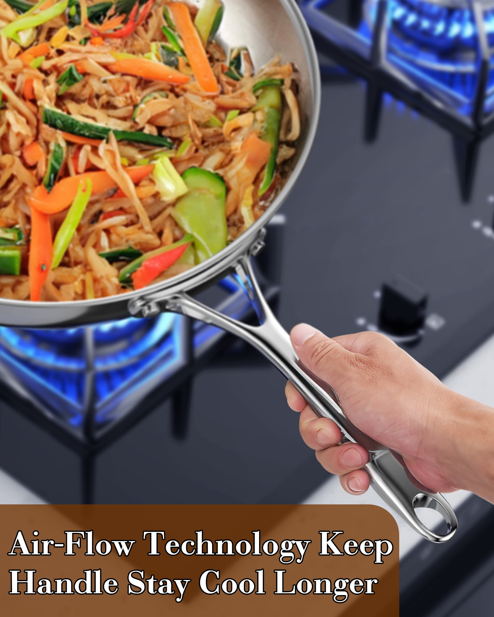 Cooks Standard Wok Pan Stainless Steel, 13-Inch Multi-Ply Clad Stir Fry Pan with High Dome lid, Silver - Image 2