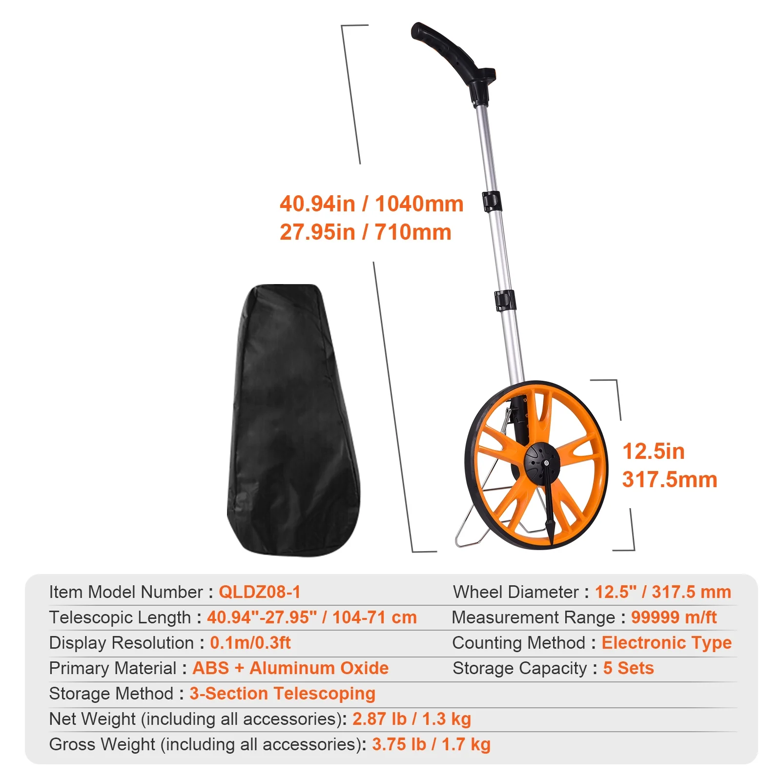 VEVOR Measuring Wheel 12.5” Road Runner Telescoping Handle Feet/Inches w/ Bag - Image 2