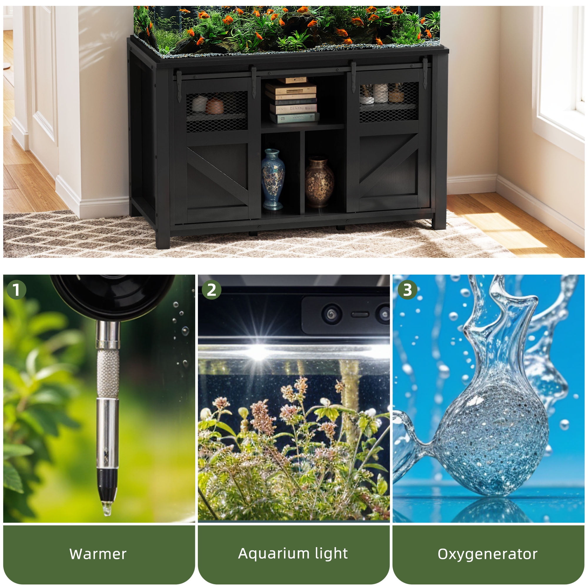 Uforic 120 gal Fish Tank Metal Stand with Storage, 1100 lbs Capacity, Power Outlets, Barn Door, Black - Image 3