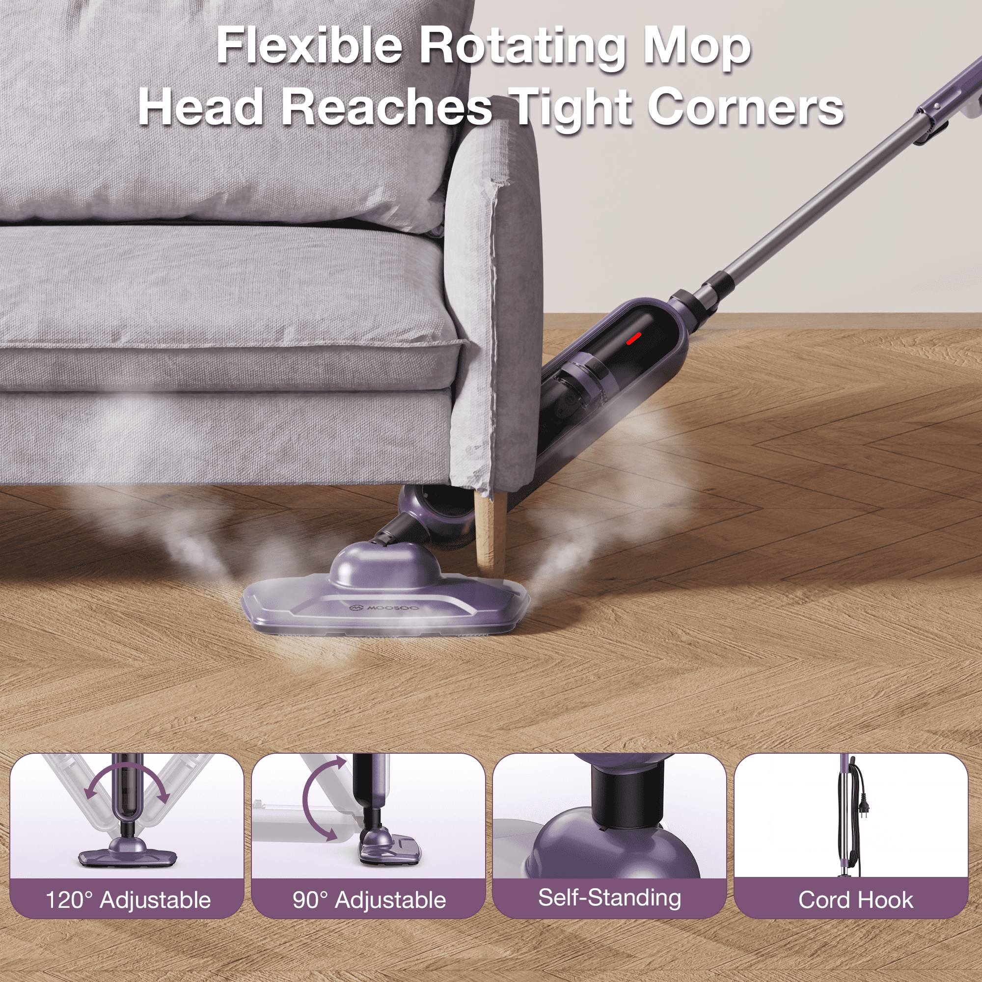 Maircle All-in-1 Steam Mop Cleaner, 17oz Large Water Tank, Detachable Steam Cleaner for Hardwood Tile Grout, Furniture, Purple - Image 7