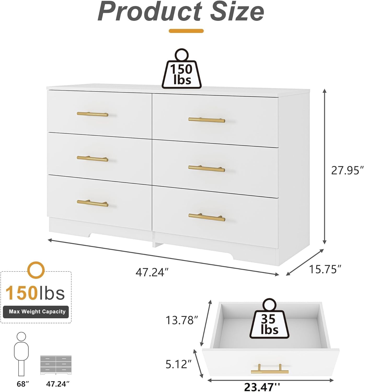 Miniyam 6-Drawer Dresser with Deep Drawers & Golden Handles for Adult Bedroom, White - Image 2