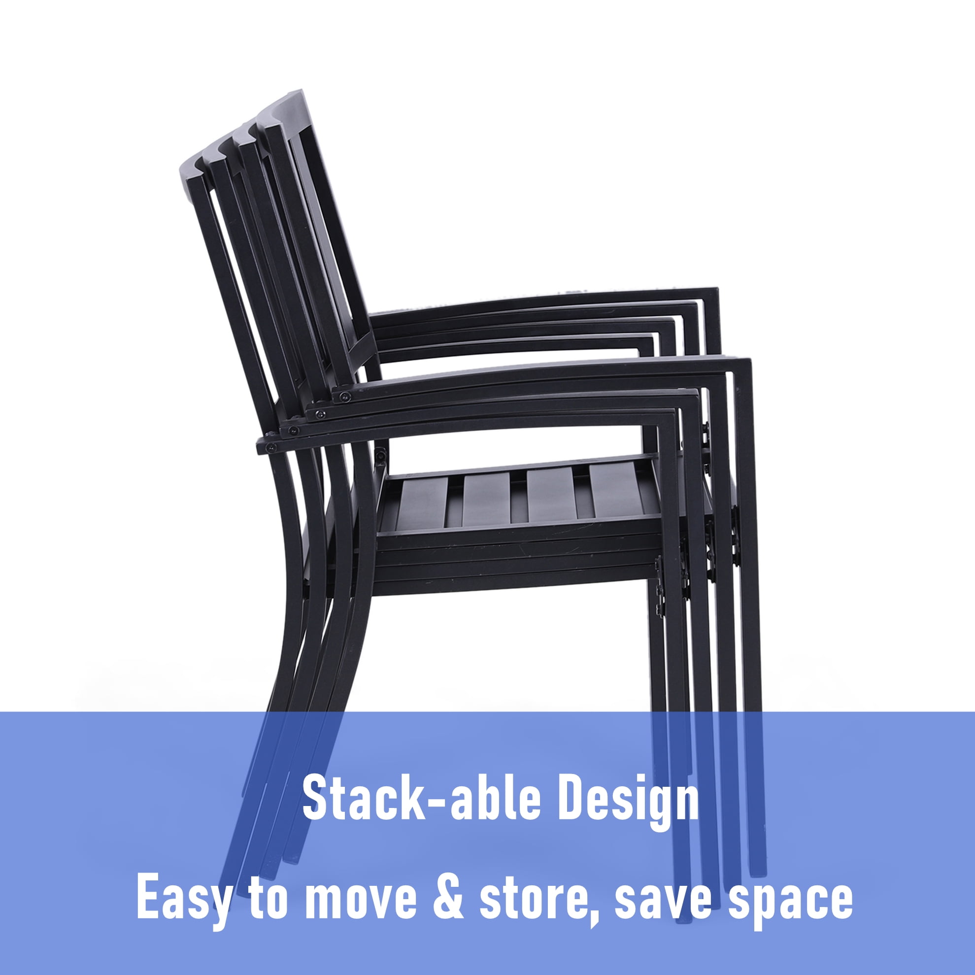 MF Studio 5-Piece Outdoor Patio Dining Set Modern Steel Furniture with 4 Slatted Armchairs and 1 Square Wood-like Table, Black - Image 8