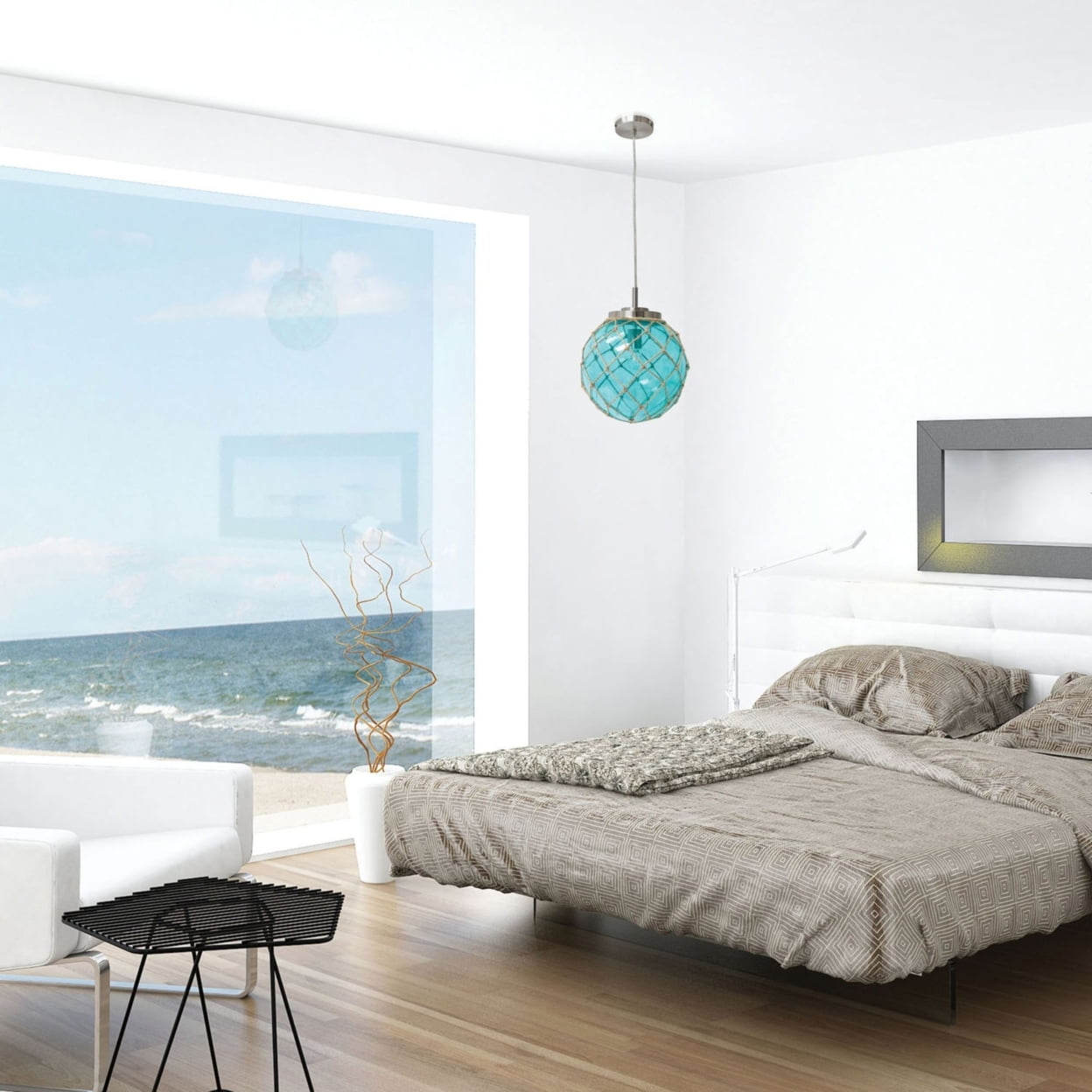 Buoy Netted Brushed Nickel Coastal Ocean Sea Glass Pendant with Natural Rope, Aqua - Image 5