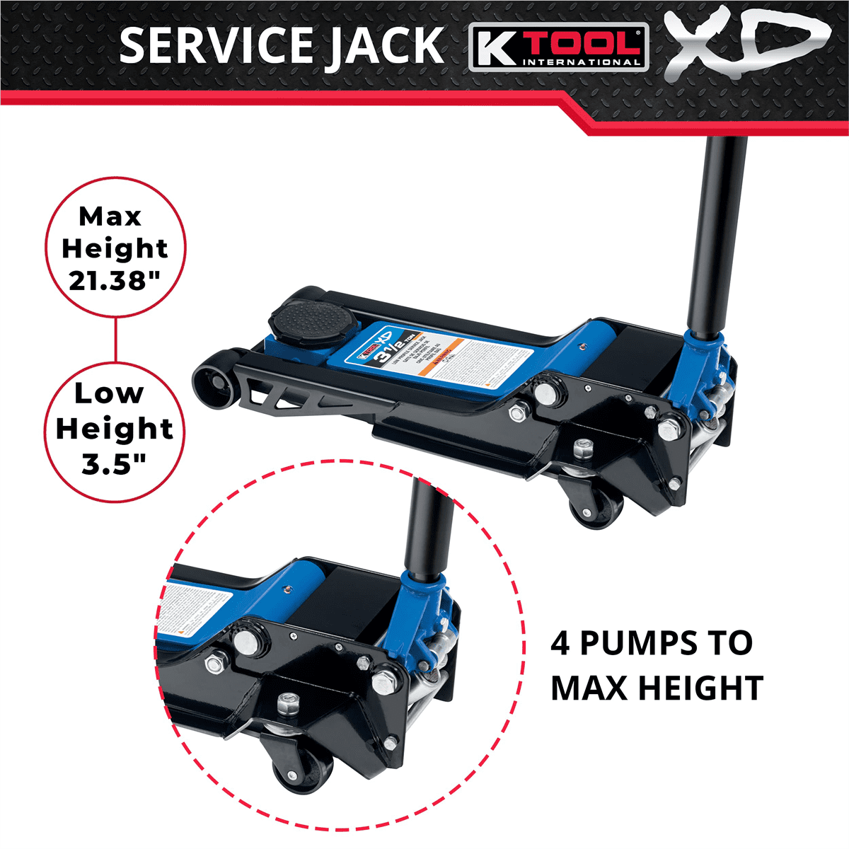 K-Tool INT022 3.5 Ton Low Profile Service Jack; Dual Pump Piston - Image 3