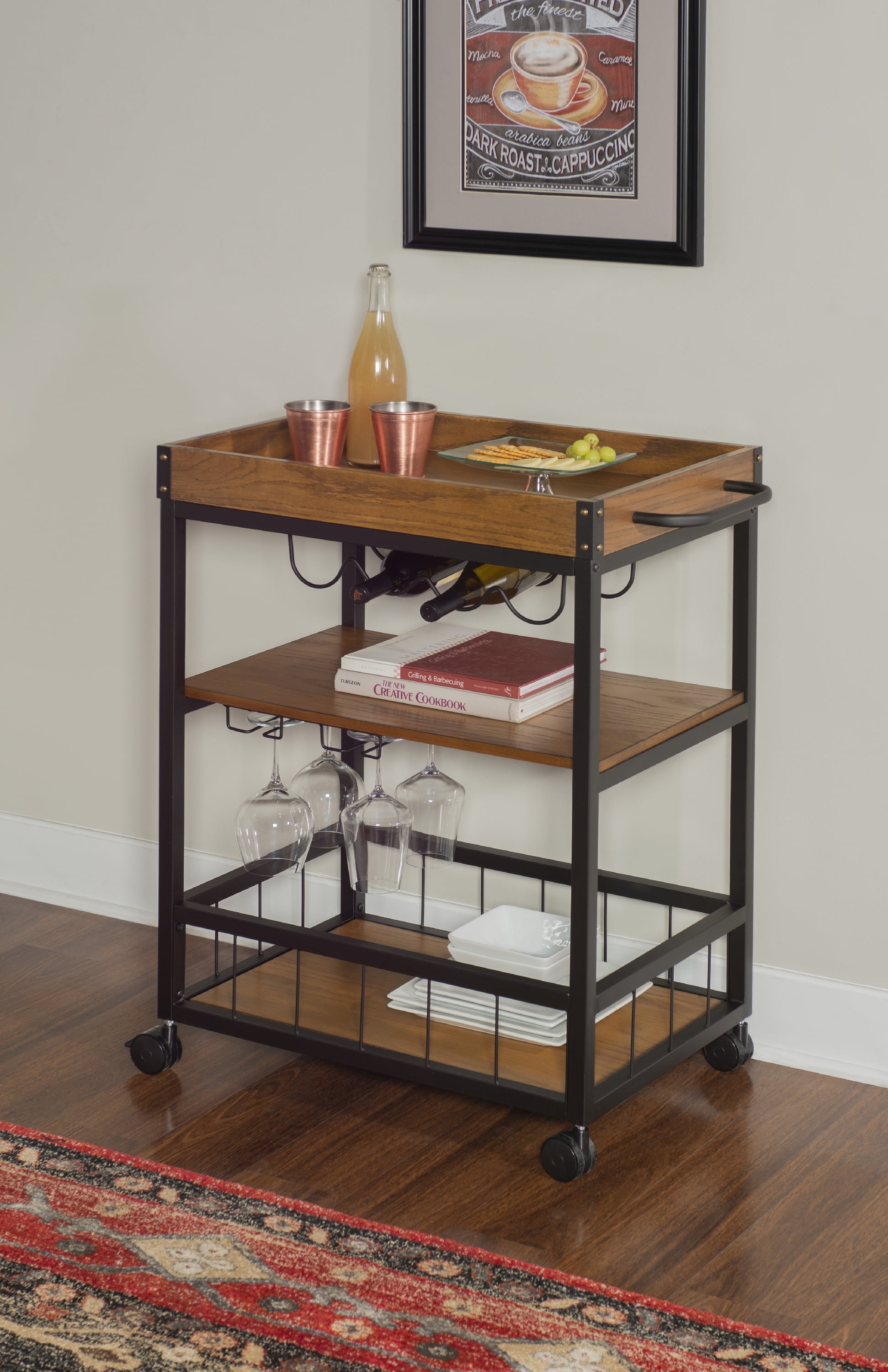 Linon Honton 3-Tier Mobile Bar Cart with Wine Storage & Open Shelving, 36.5" Tall, 43 lb, Black - Image 5