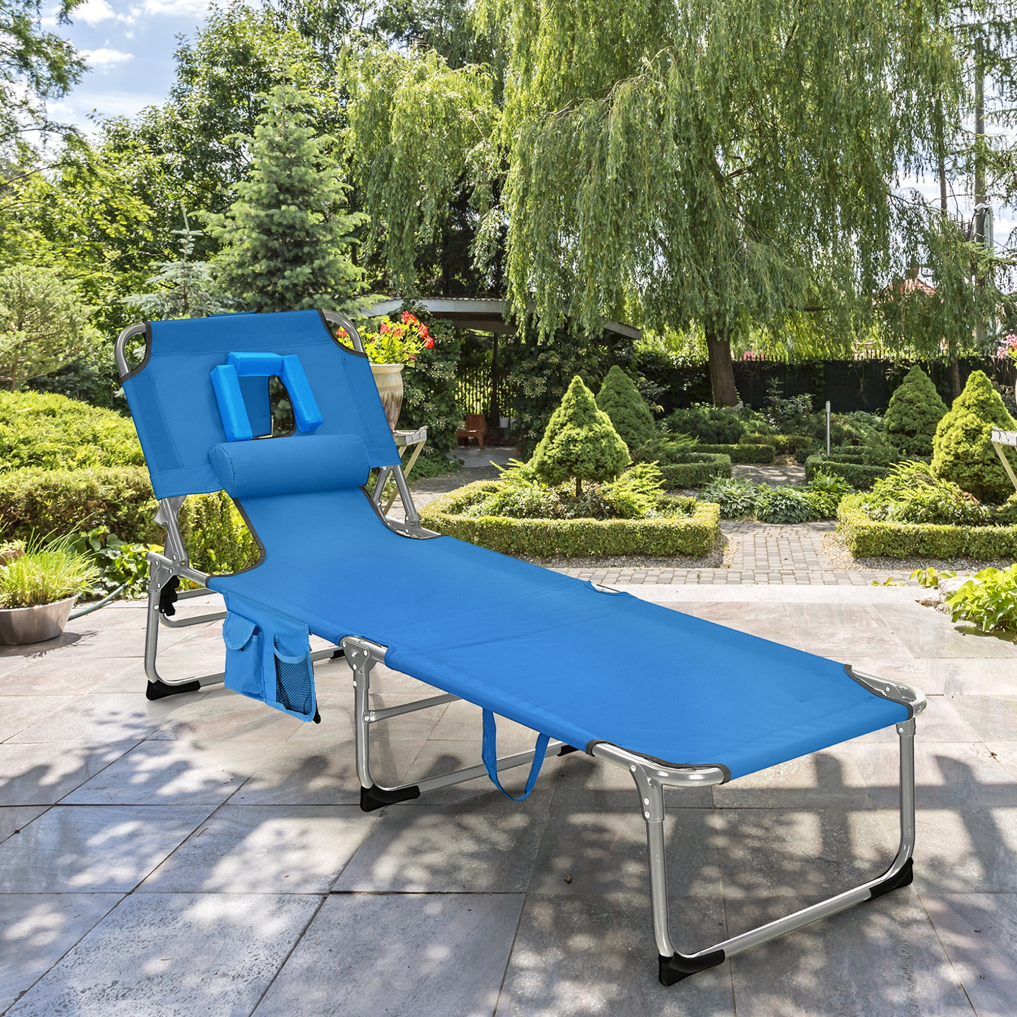 Goplus Outdoor Beach Lounge Chair Folding Chaise Lounge with Pillow Blue - Image 5