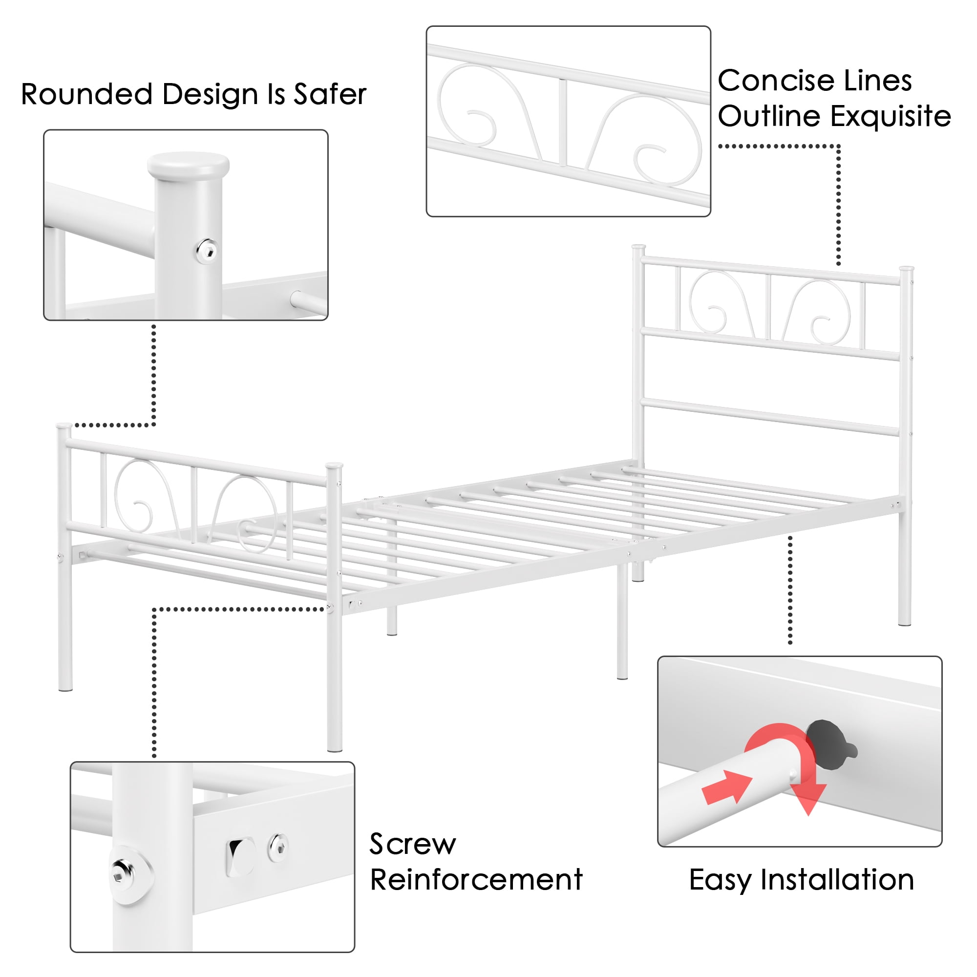 Yoneston Twin Metal Platform Bed with Elegant Pattern Headboard, Heavy Duty Bed Frame Foundation No Box Spring Needed, White - Image 7
