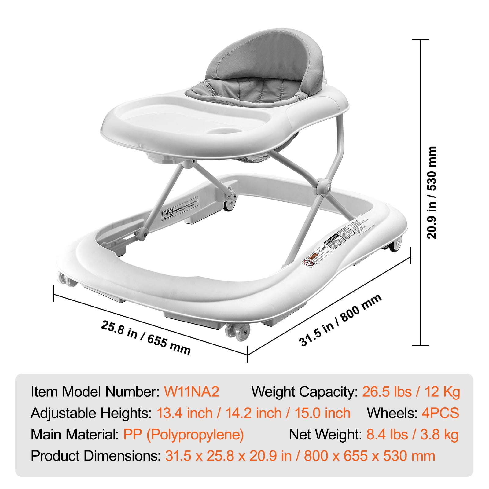 KFFKFF Baby Walker, Foldable Height Adjustable Baby Walker with Wheels, Infant Toddler Walker with Feeding Tray, Anti-Rollover Activity Walker Helper for Boy Girl 6-12 Months - Image 8
