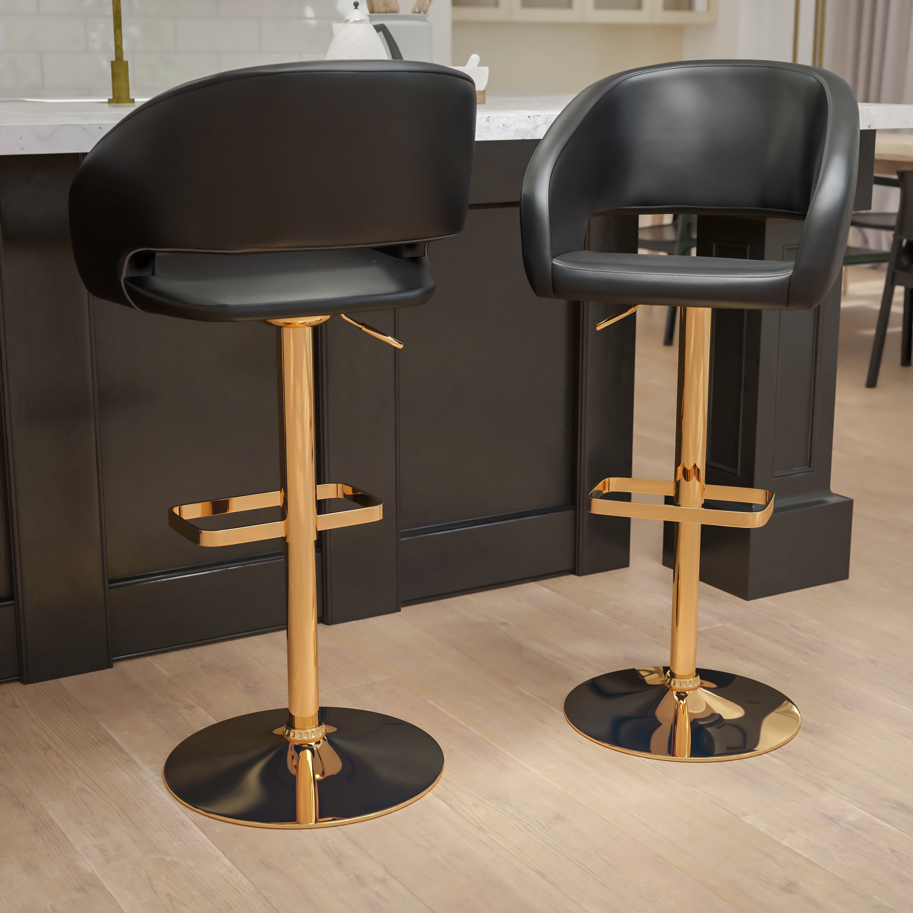 Flash Furniture Erik Contemporary Black Vinyl Adjustable Height Barstool with Rounded Mid-Back and Gold Base, Set of 2 - Image 4