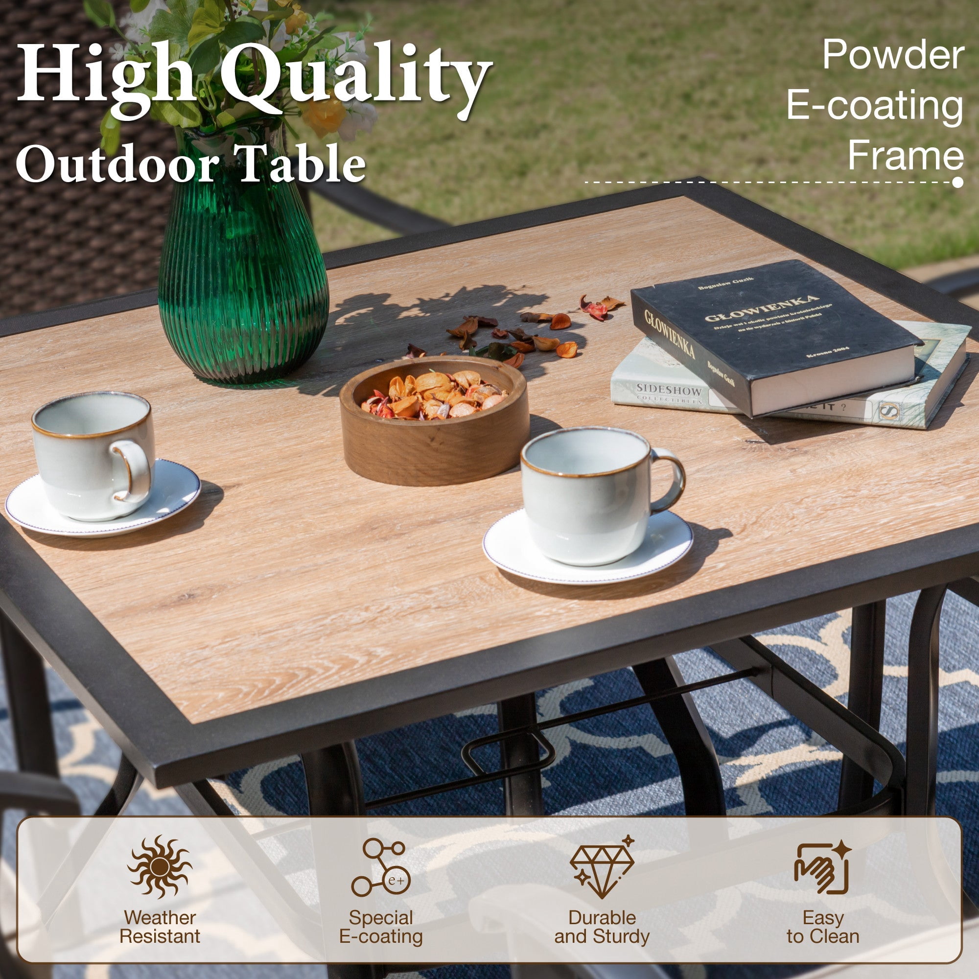 MF Studio 5-Piece Outdoor Patio Wicker Dining Set with Cushioned Chairs & 37" Square Wood-Grain Table, Brown - Image 5