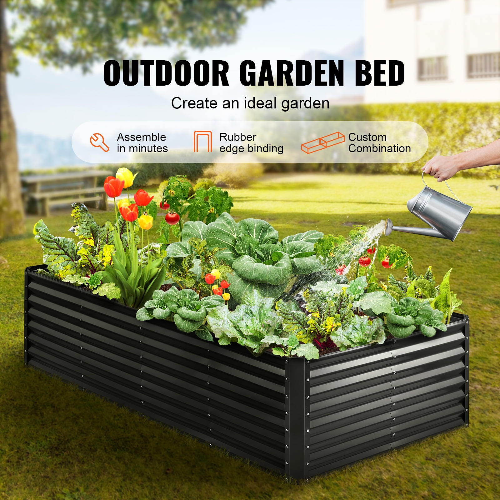 VEVOR Galvanized Raised Garden Bed, 8x4x2 FT Large Metal Raised Planter Box Garden Beds Outdoor for Vegetables Flowers and Herbs with Open Bottom and Planting Tools, Dark Grey - Image 3