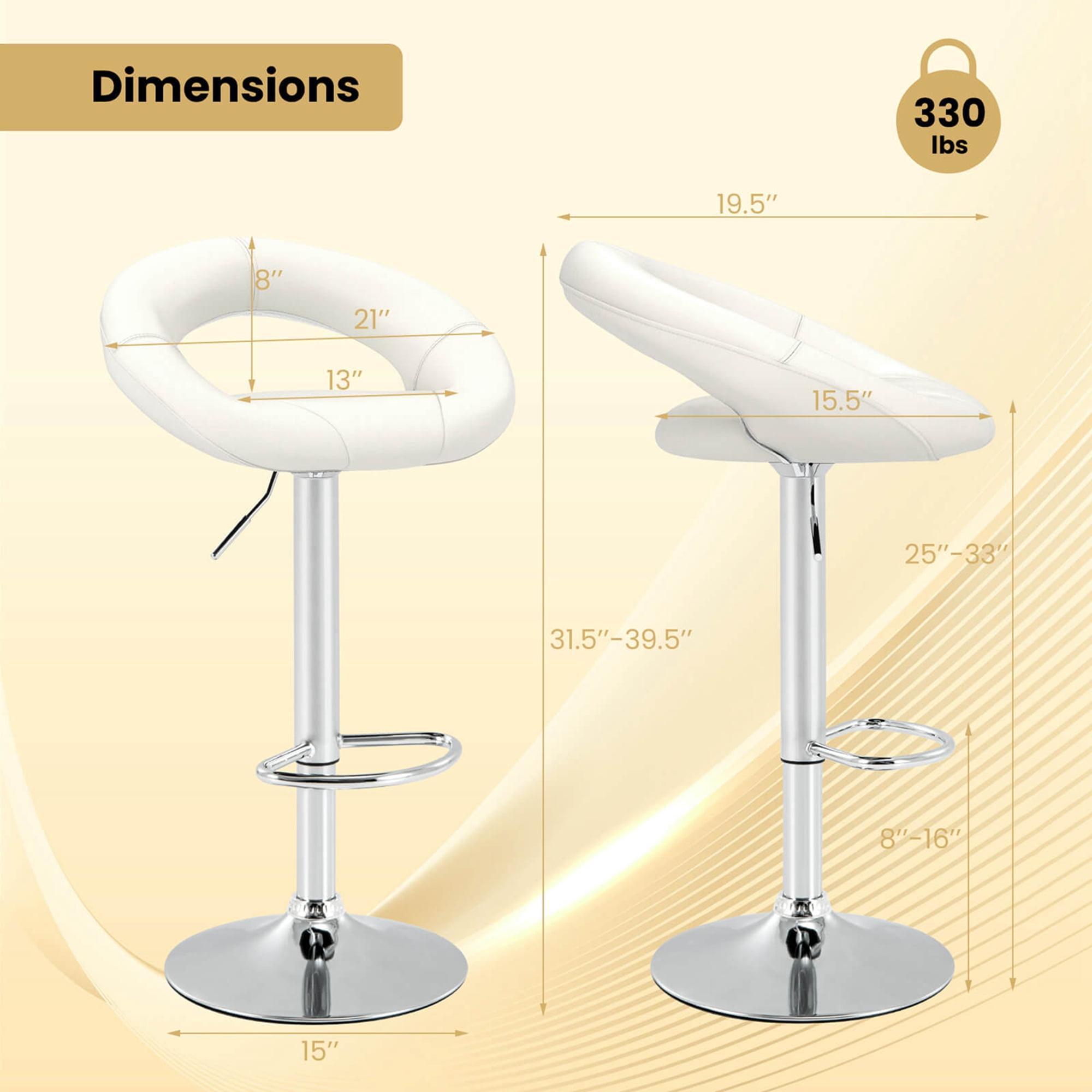 Costway Set of 2 Bar Stools Adjustable PU Leather Barstools Swivel Pub Chairs White - Image 6