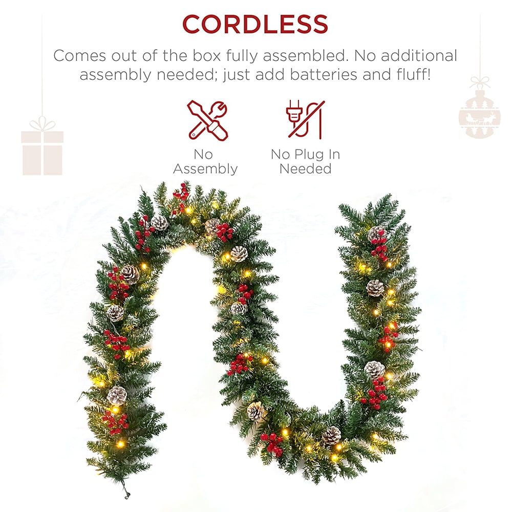 9ft Pre-Lit Christmas Garland with 50 Waterproof LED Light and Pine Cones and Berries, 220 Branches Battery Operated Christmas Garland Decoration for Xmas Holiday Party - Image 4