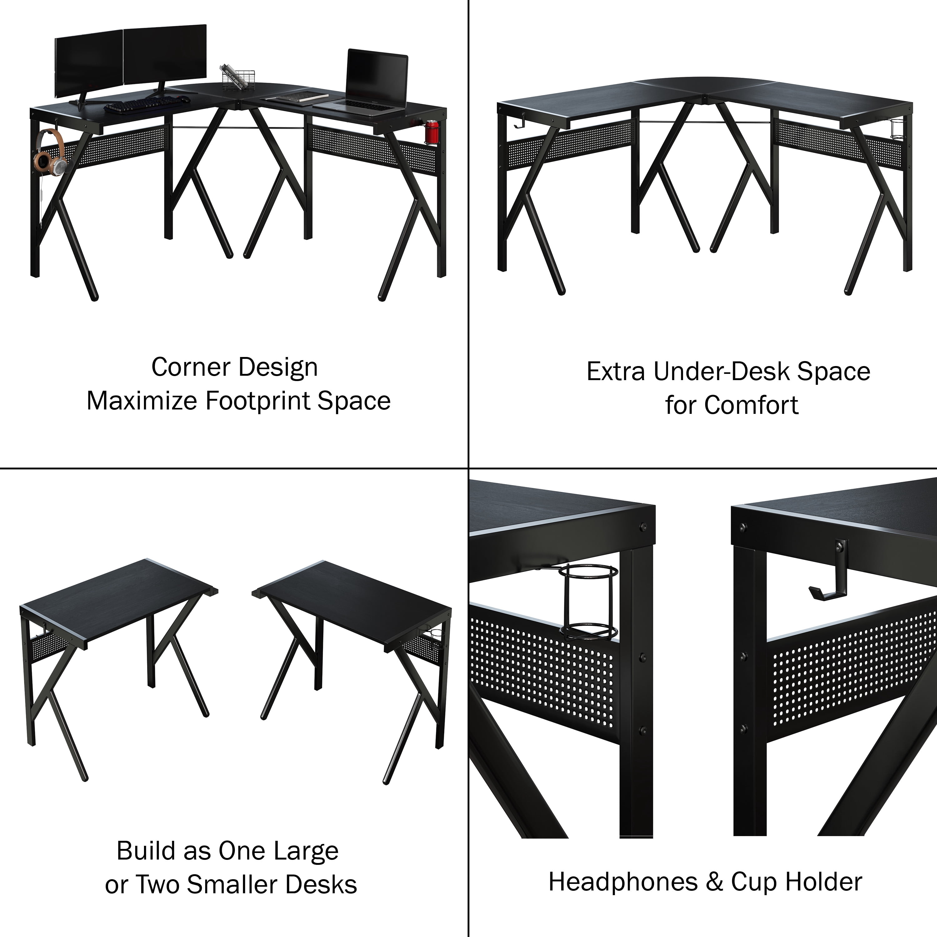 Lavish Home L Shaped Computer Desk with Headphone and Cup Holder Modern Style (Black) - Image 3