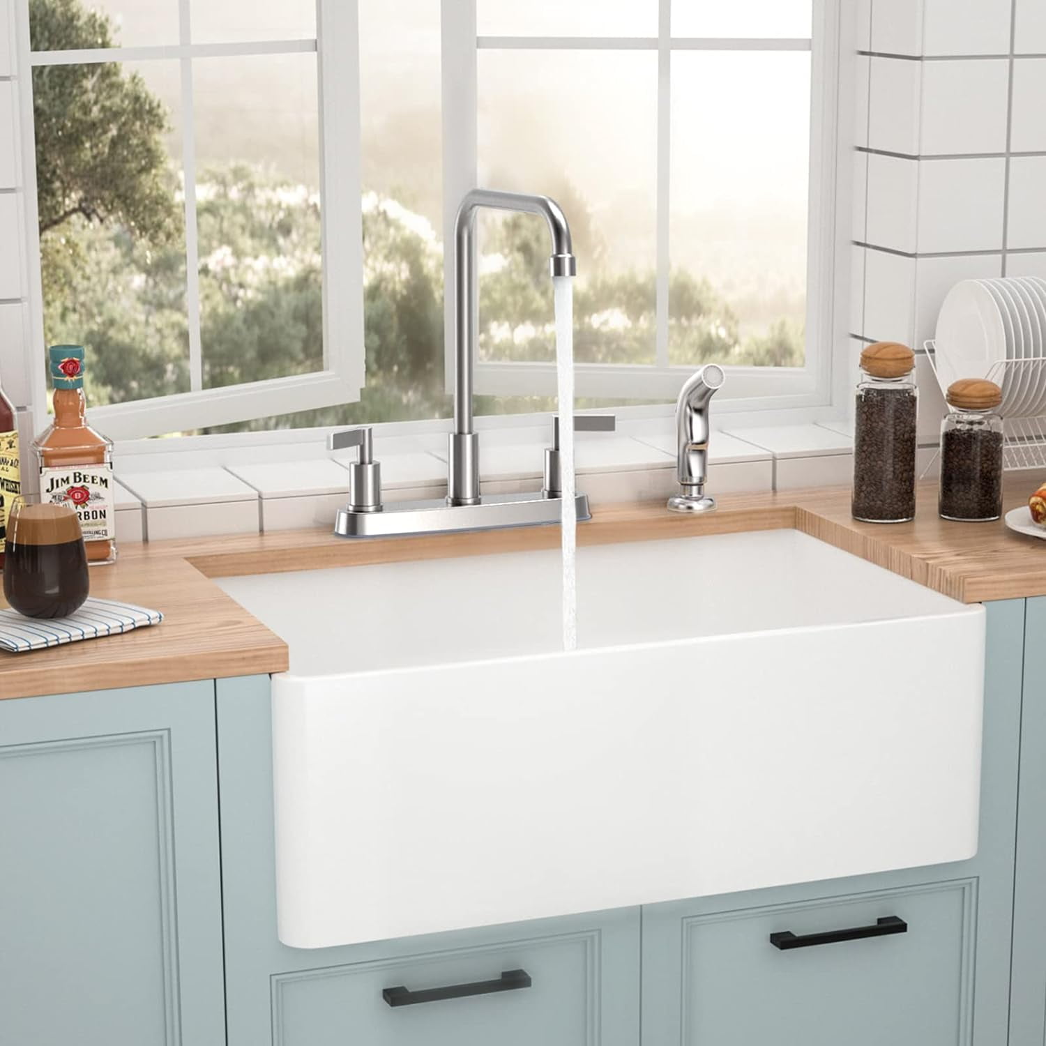 GOWIN - Kitchen Faucet with Sprayer,Brushed Nickel Kitchen Sink Faucet,3 Hole or 4 Hole Faucet for Kitchen Sink,Stainless Steel 2 Handle Kitchen Faucet with Side Sprayer,4 Hole Kitchen Faucets - Image 8