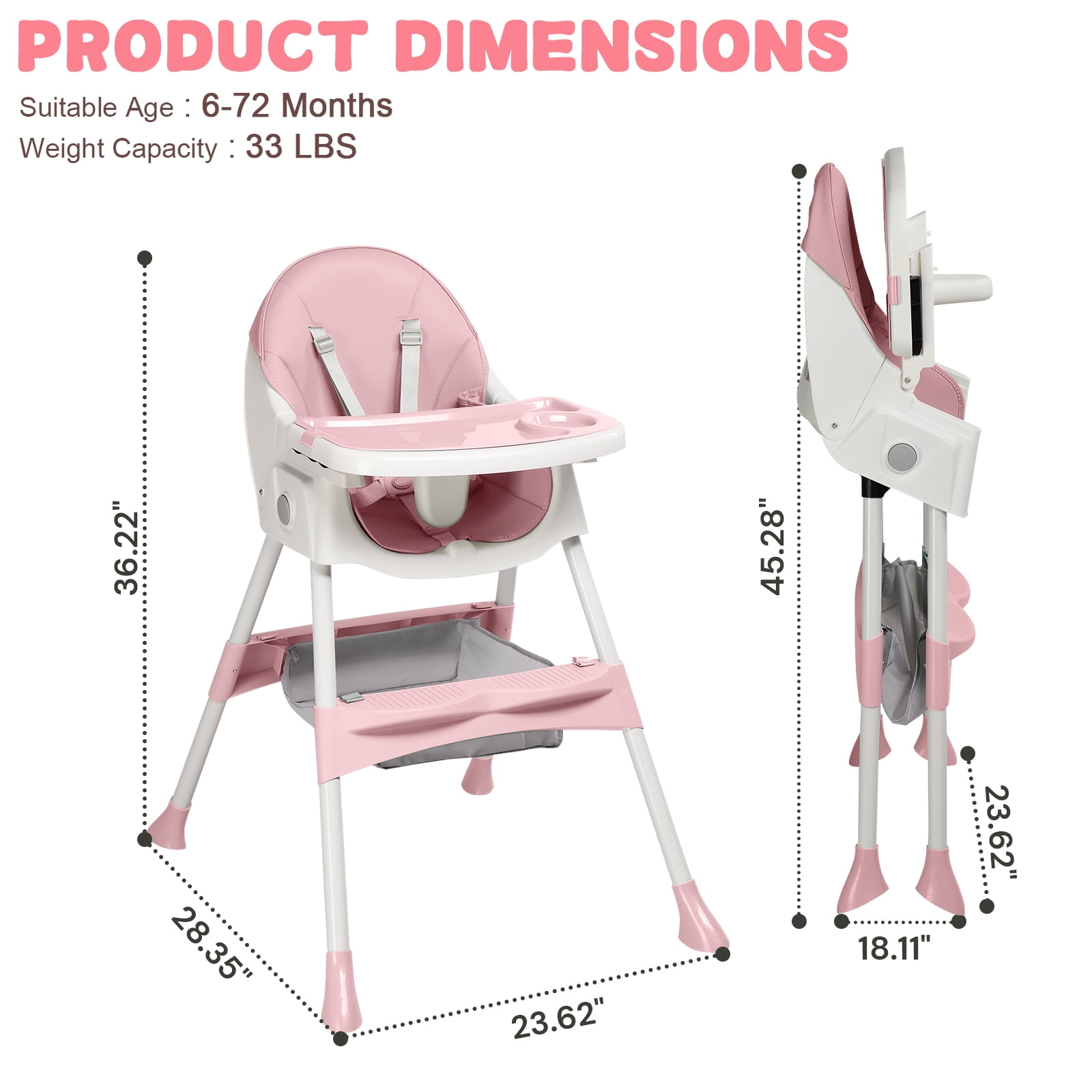 Ktaxon Baby High Chair, Convertible 6 in 1 High Chairs for Babies and Toddlers, Foldable Baby Highchair with 5-Point Safety Harness, Adjustable Dining Tray, Backrest & Height, Pink - Image 10