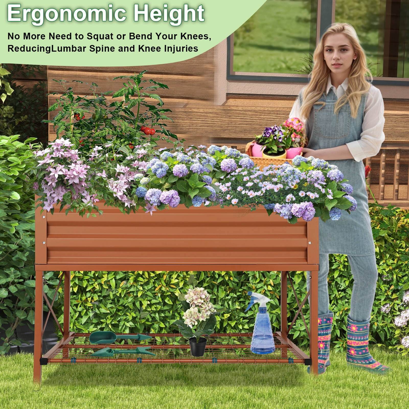 Farmdex Raised Garden Bed with Legs, Planter Box with Storage Shelf and Protective Liner, Outdoor Metal Elevated Garden Bed for Vegetables Flowers Backyard Garden- Brown - Image 4