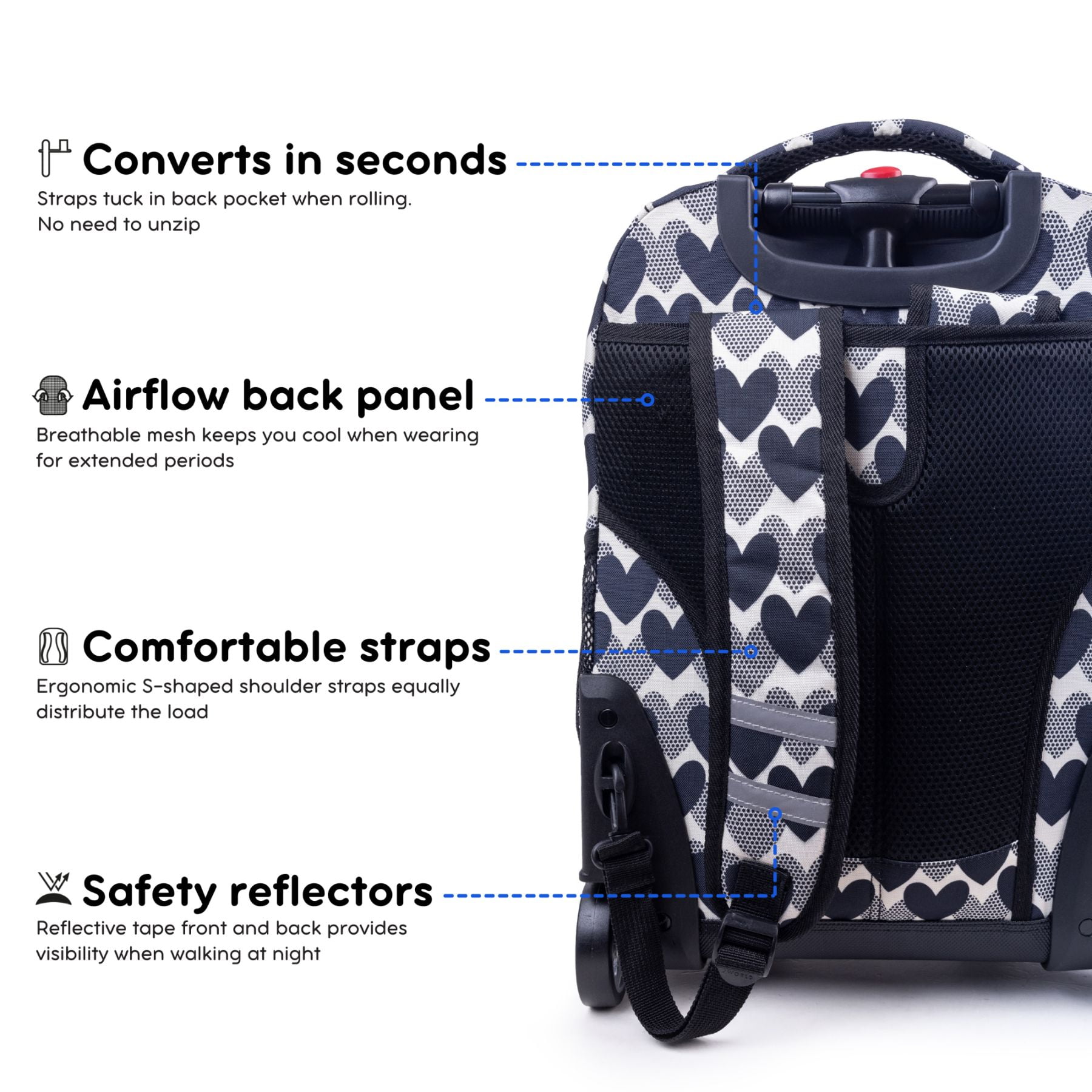 J World Girls Sunrise 18" Rolling Backpack for School and Travel, Heart Dot - Image 6