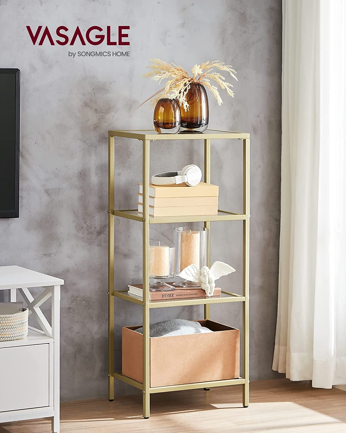 Bookcase 4-Tier Bookshelf Slim Shelving Unit for Bedroom Bathroom Home Office Tempered Glass Steel Frame Gold - Image 2