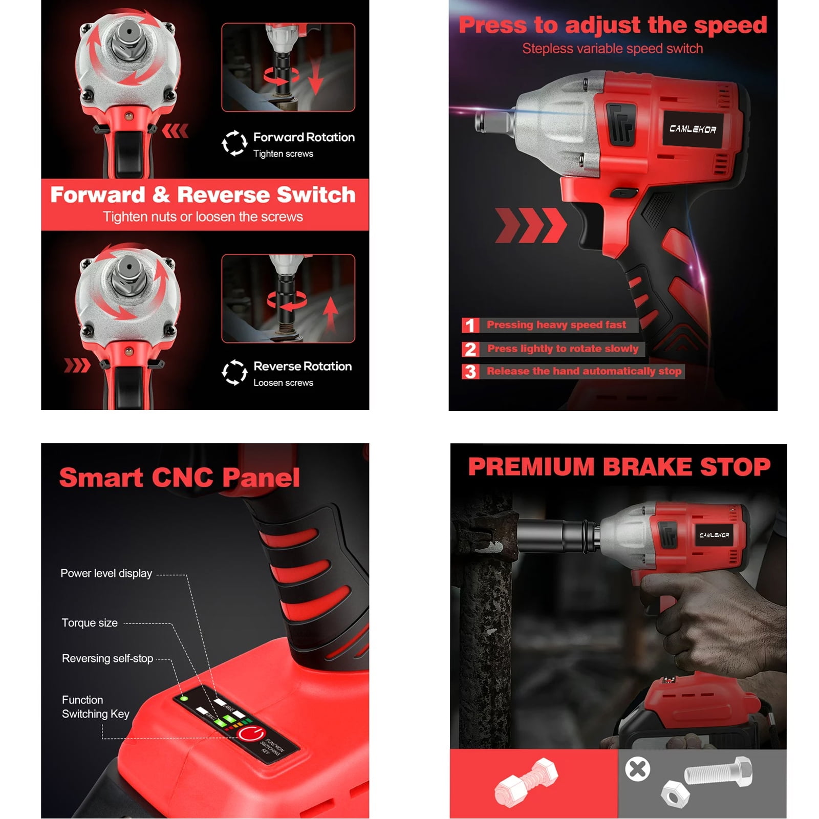 Camlekor Cordless Impact Wrench 1/2 inch Brushless Impact Wrench 20V Batteries Electric Impact Wrench for Car Home - Image 5