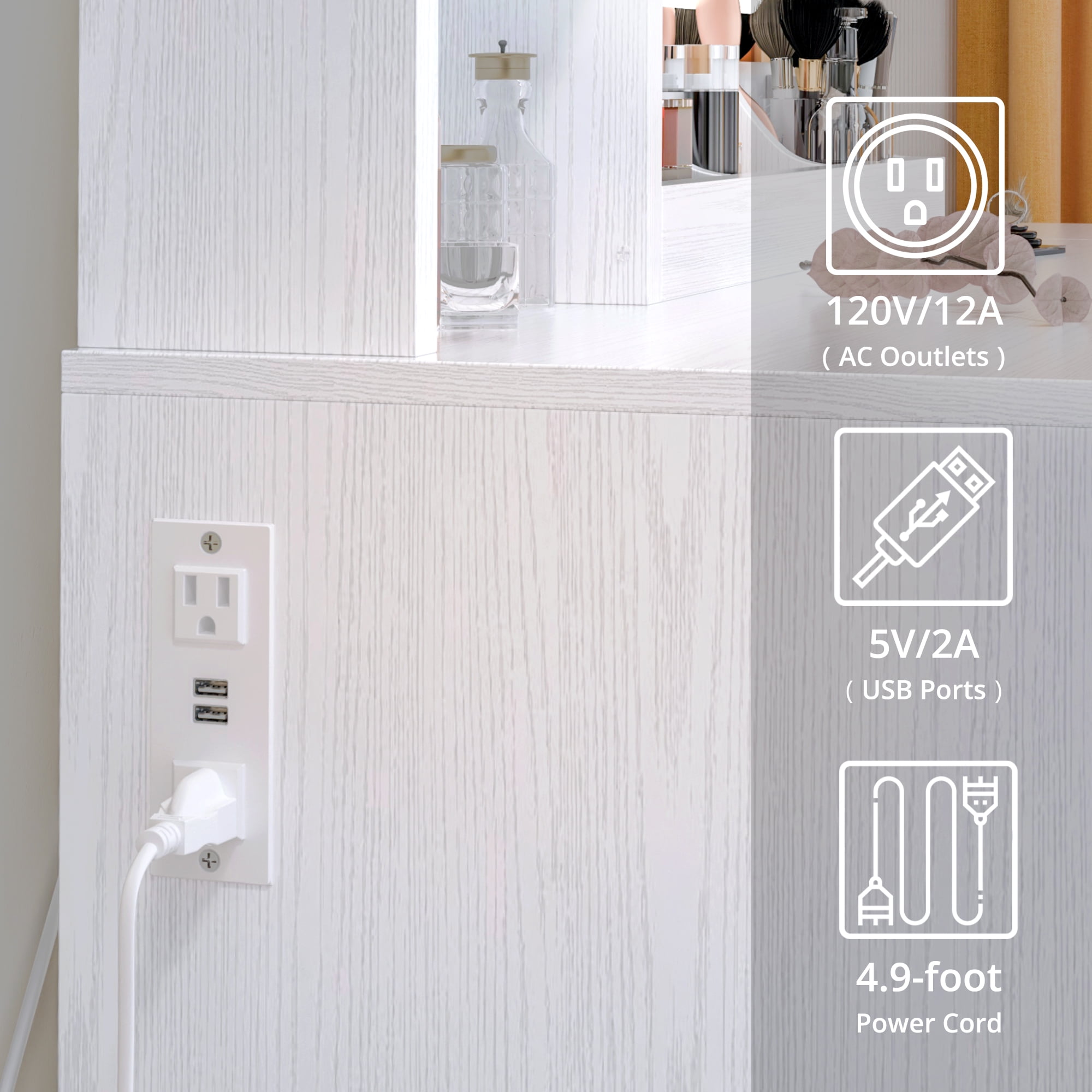 IRONCK LED Lights Vanity Desk with Mirror, Power Outlet, Drawers and Cabinet, White - Image 7