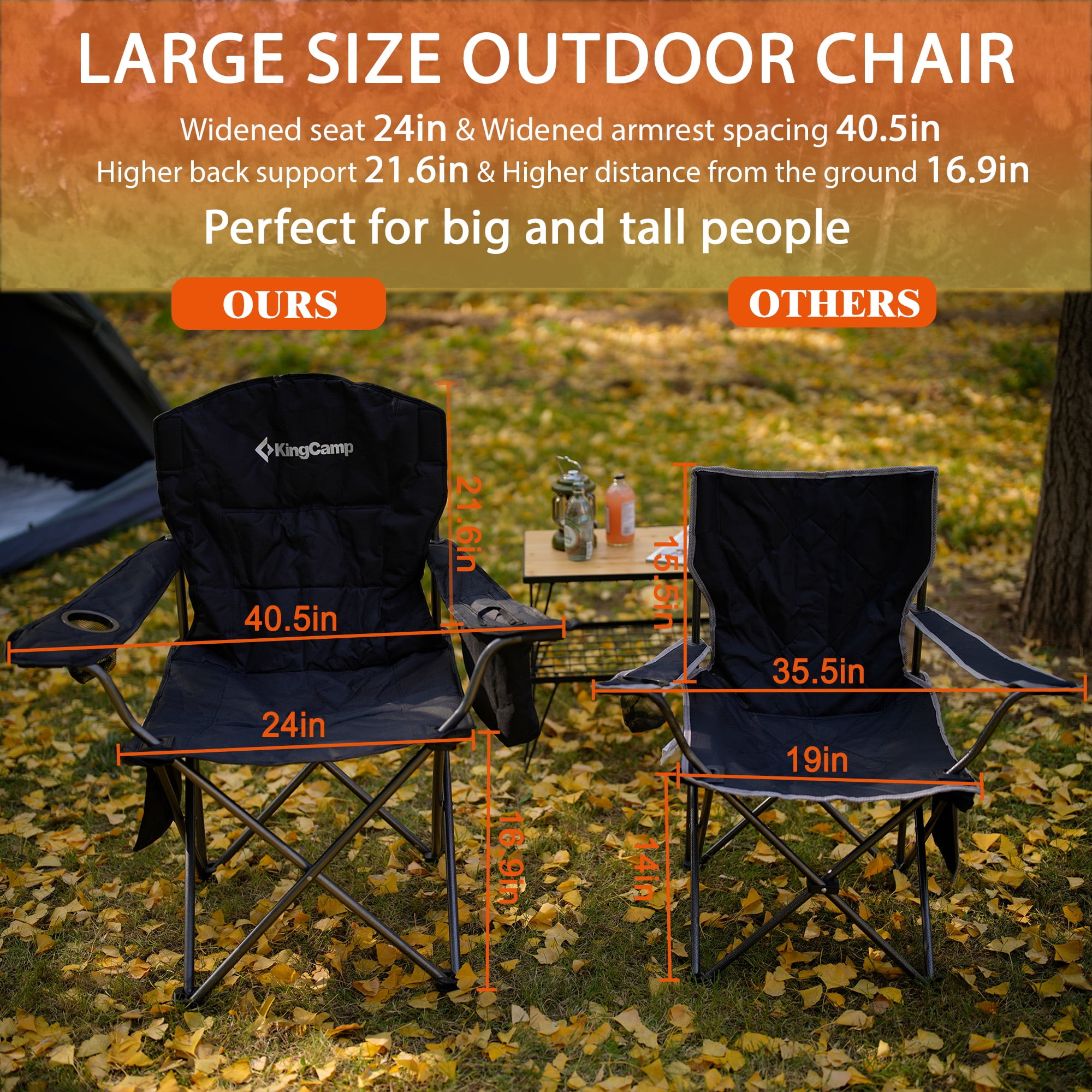 KingCamp Oversized Camping Chairs Heavy Duty Padded Folding Lawn Chair Support 300 lbs for Adults Outdoor Fishing Sports Black - Image 2