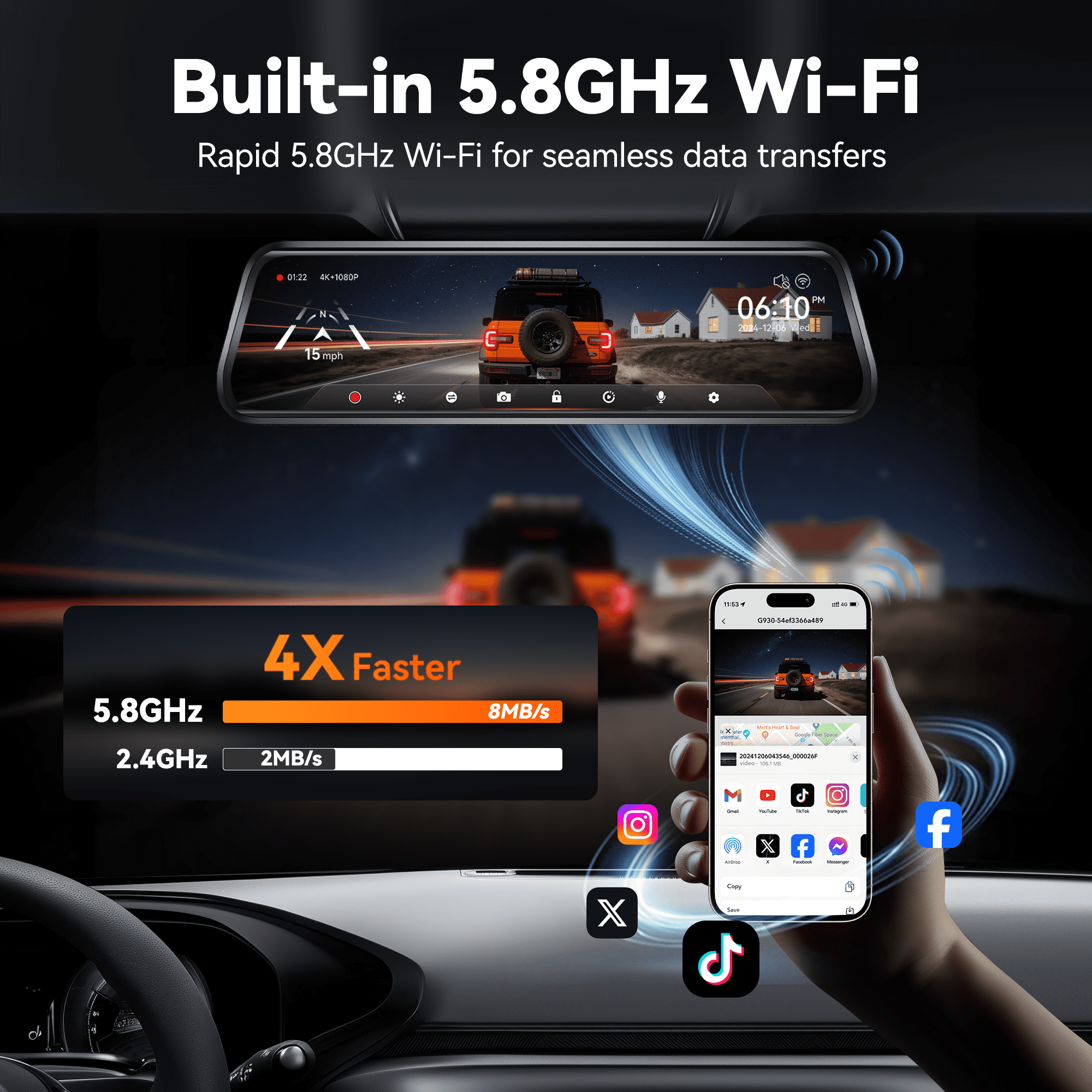 WolfBox 10" Touch Screen Dash Cam Front and Rear, 4K+1080P Rear View Mirror Backup Car Camera with Night Vision, GPS, Free 64GB Card - Image 5