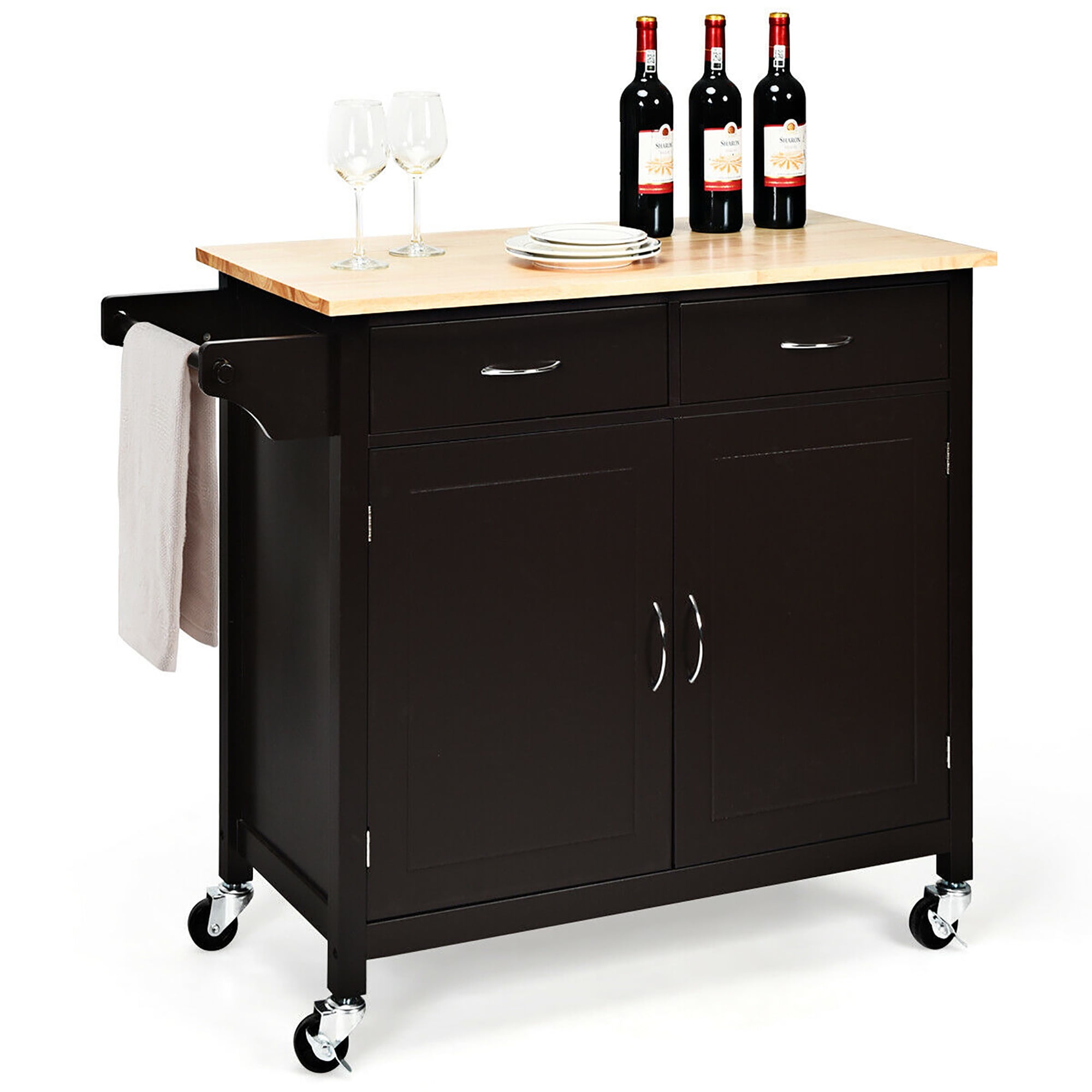 Costway Modern Rolling Kitchen Cart Island Wood Top Storage Trolley Cabinet Utility Brown - Image 7