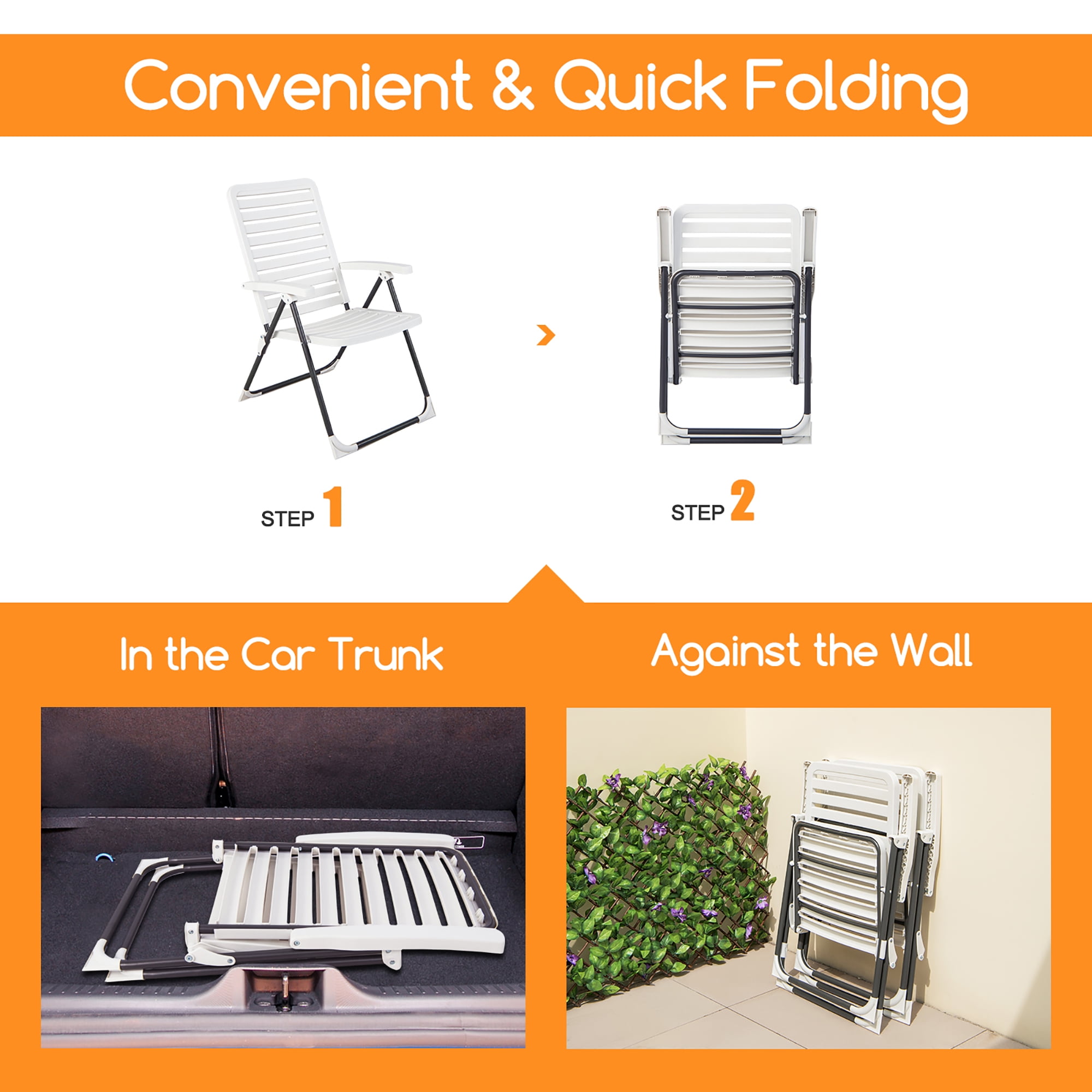 Costway Patio PP Folding Chair Adjustable Reclining 7-Level All-Weather Portable Outdoor White - Image 9