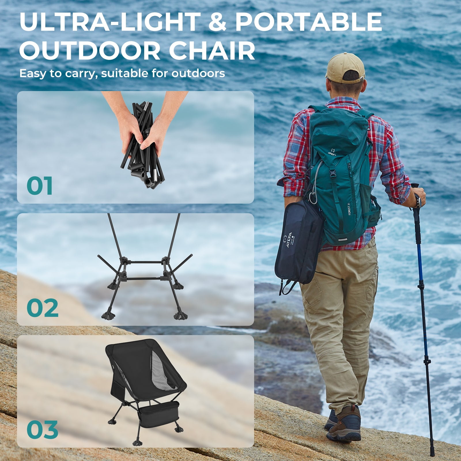 ATEPA Ultralight Portable Camping Chair, Folding Chair with Carry Bag, Weighing just 2.5 lbs, Support up to 330LBS, Portable Folding Square Tall Chairs for Fishing, Hiking, Backpacking - Image 8