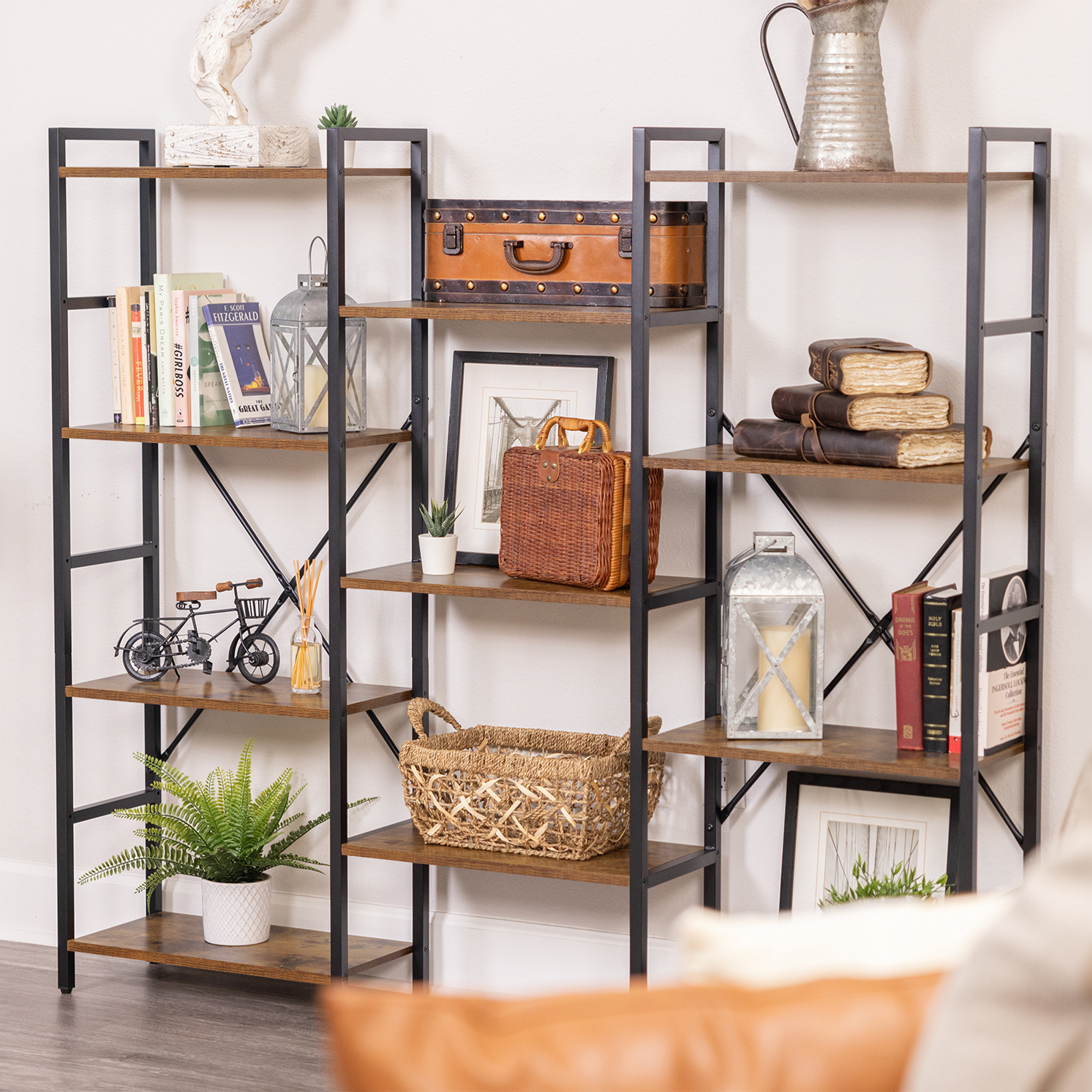 4 Tiers Industrial Bookcase and Bookshelf, Metal Wood 11 Display Shelves, Large Book Shelf for Living Room, Storage Shelf Organizer, Book Case in Brown - Image 5