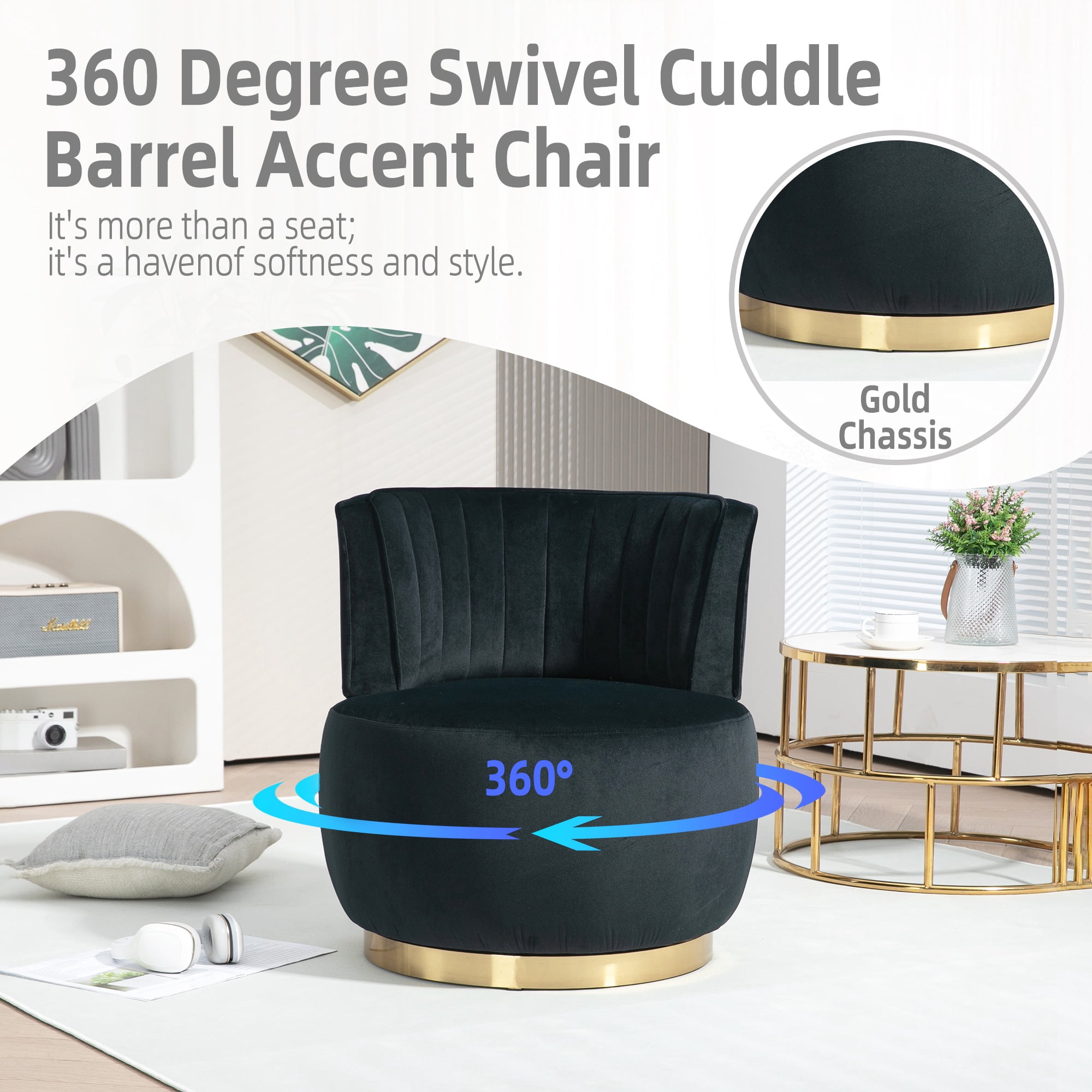 PAPROOS Swivel Accent Chair, Armchair with Velvet Fabric, Barrel Chair with Metal Ring for Living Room, Bedroom, Black - Image 4