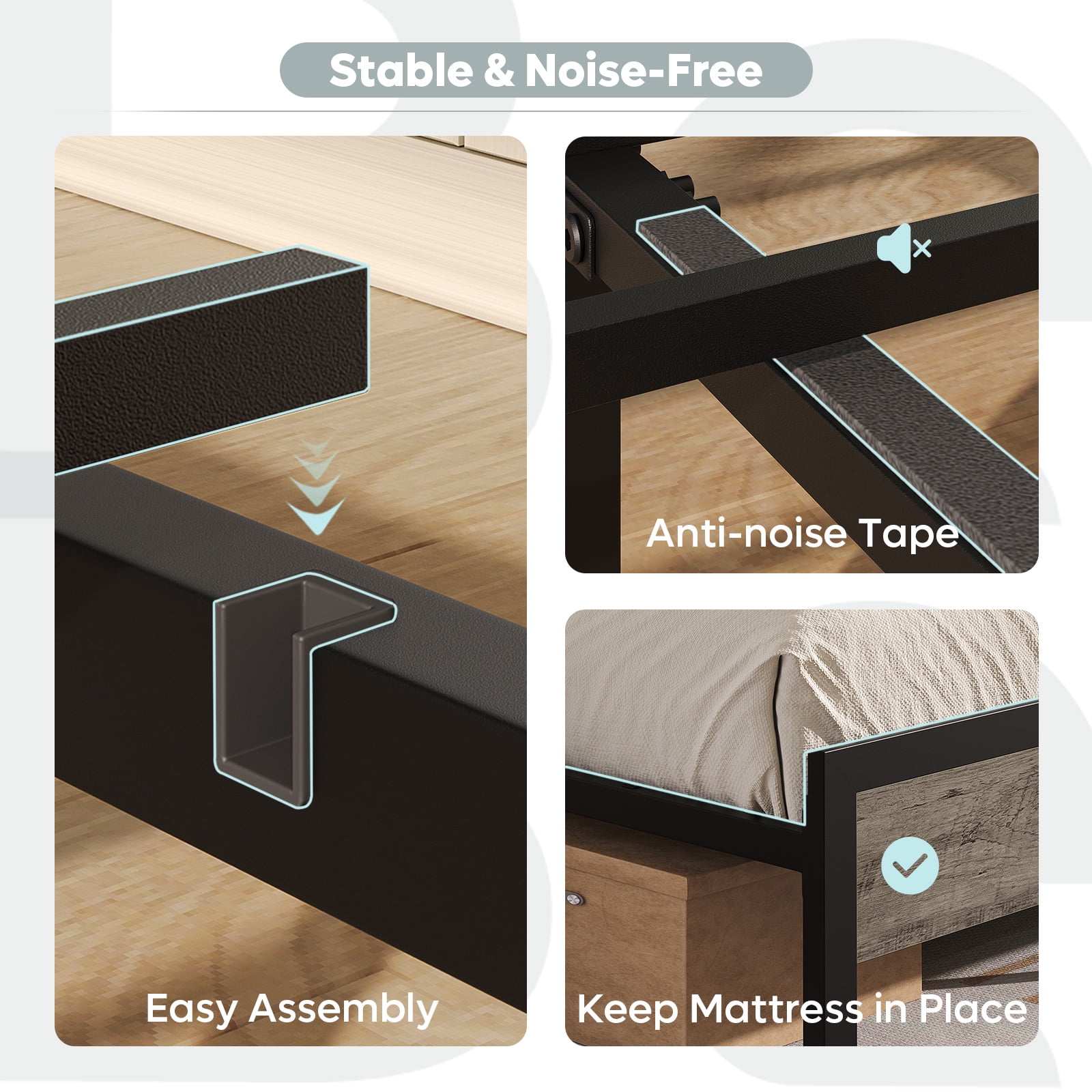 Bestier Queen Size Platform Bed Frame with Wood Foldable Bedside Shelves and LED Storage Headboard Charge Station, Gray - Image 4