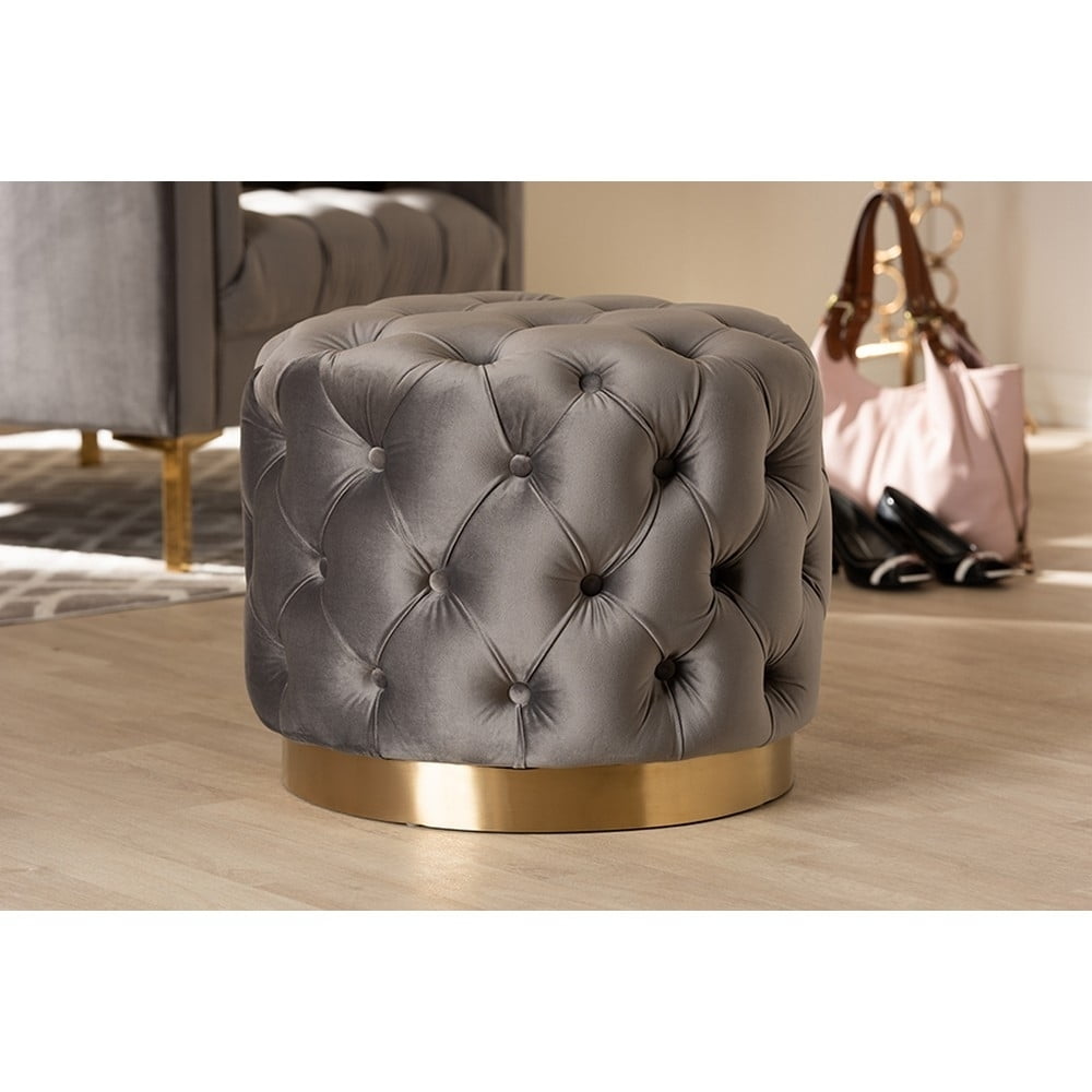 Baxton Studio Valeria Glam Gray Velvet Fabric Upholstered Gold-Finished Button Tufted Ottoman - Image 3